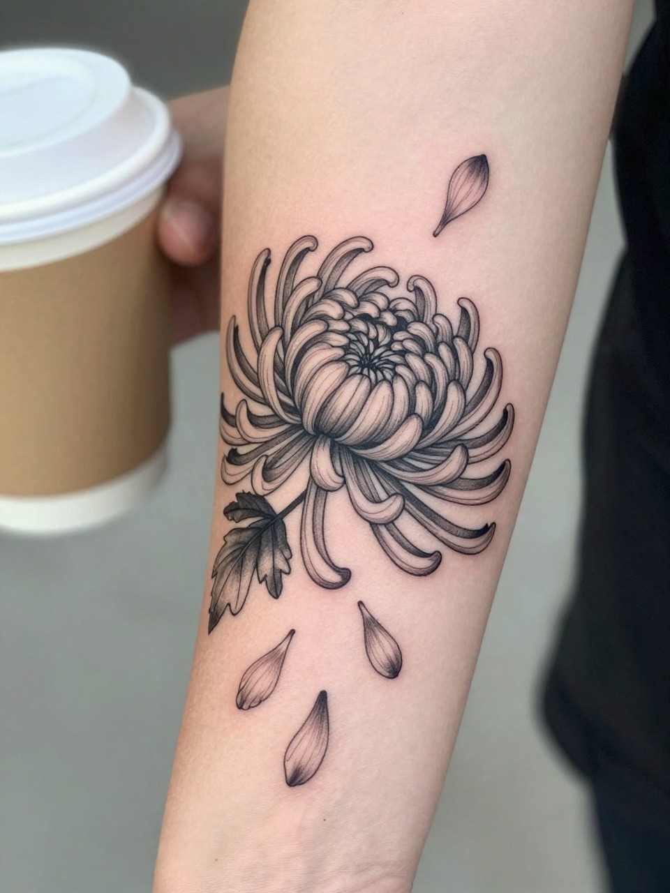 Image Prompt: "Extreme close-up of a chrysanthemum tattoo with a few falling petals on the forearm, black ink fine line floral design, delicate petal movement, soft shading, realistic skin texture, coffee cup softly blurred nearby, modern feminine tattoo inspiration image, minimal background, tattoo-centered composition (no watermarks on images)"