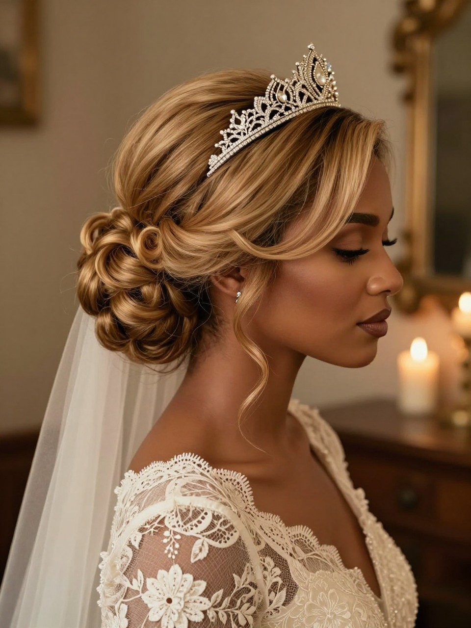 A realistic black woman bridal hairstyle close-up showing a soft messy low chignon with wispy curled pieces, a vintage-inspired tiara with antique silver details, warm blonde hair, lace veil pinned low, ivory floral lace gown, candlelit wedding prep room, romantic moody lighting, fine art bridal photography, no text, no watermark, no watermarks on images.