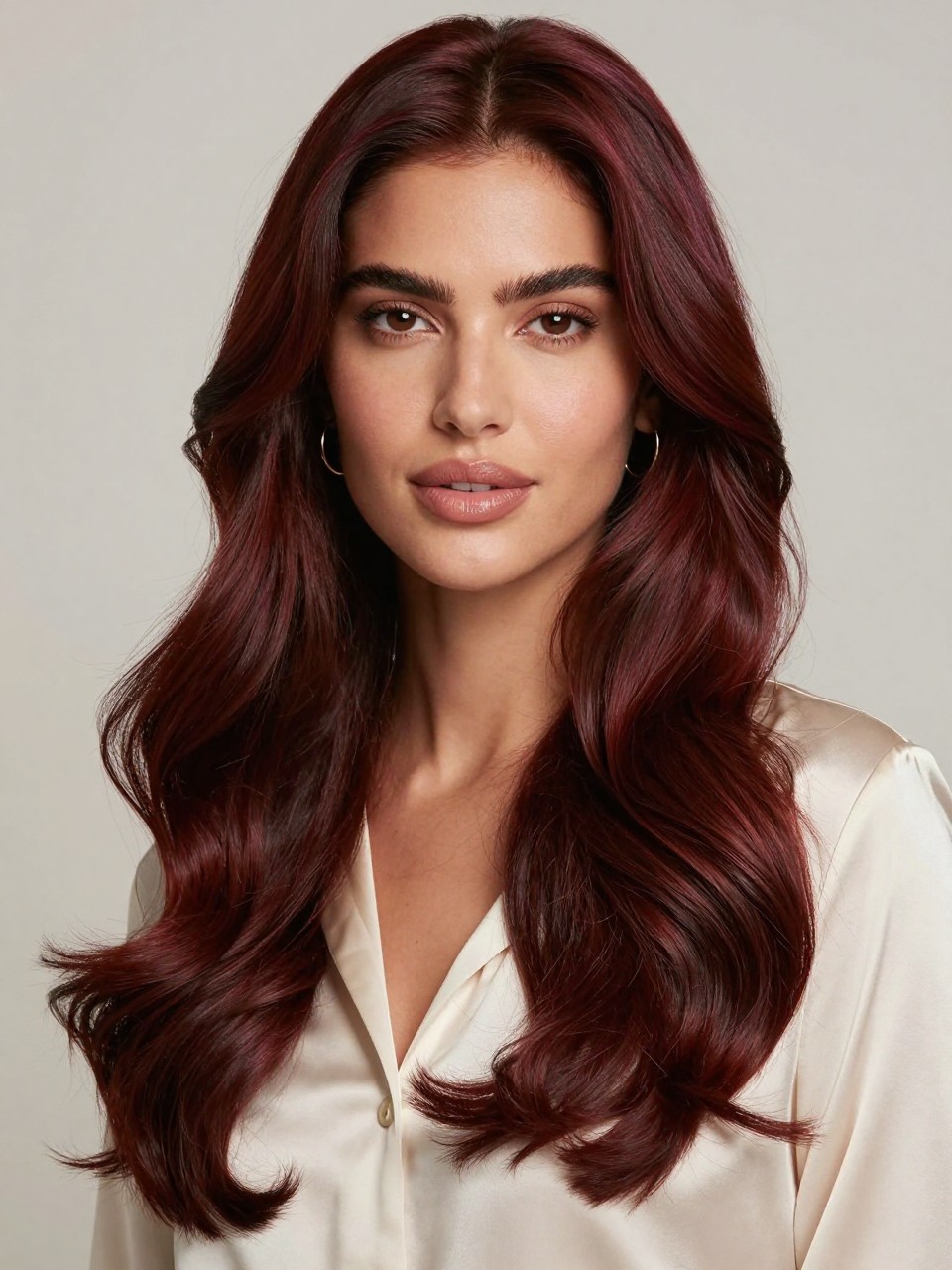 Image Prompt: A beautiful woman with long classic mahogany brown hair, rich dark brown shade with soft red-violet undertones, center part, loose glossy waves, smooth healthy shine, warm medium skin tone, soft natural makeup, glossy nude lips, small gold hoop earrings, cream satin blouse, clean neutral studio background, soft diffused lighting, realistic DSLR beauty editorial portrait, detailed mahogany brown shine and smooth wave texture, no text, (no watermarks on images)