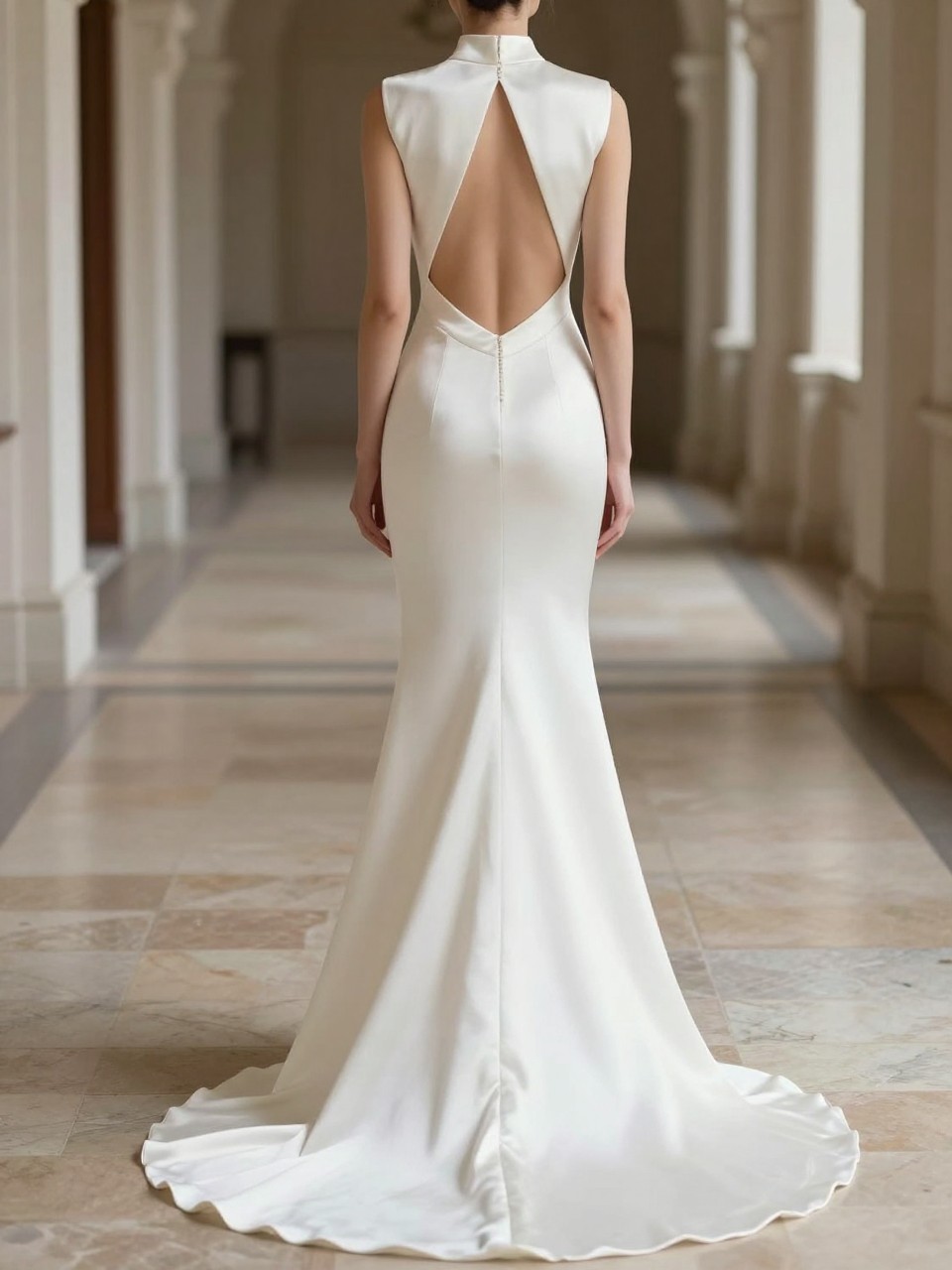 Image Prompt: A couture-style bridal editorial photo of a high neck silk wedding dress with a dramatic open back, photographed in an elegant chapel hallway or luxury bridal studio. Show the bride from behind only or from the neck down with the face fully hidden. The gown has a clean high neckline at the front, smooth silk finish, a bold open back, a slim flowing skirt, and a refined train. Use soft natural light, realistic silk texture, polished editorial composition, no visible face, no text, no watermark. (no watermarks on images)