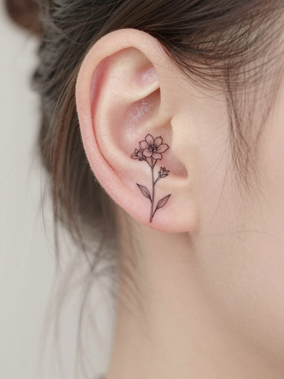 Image Prompt: "Extreme close-up of a tiny July birth flower larkspur tattoo behind the ear, fine line black ink, very small floral stem with delicate petals, soft shading, realistic skin texture, a few loose hair strands framing the placement, minimal feminine styling, tight crop, clean soft background, tattoo is the hero of the image (no watermarks on images)"