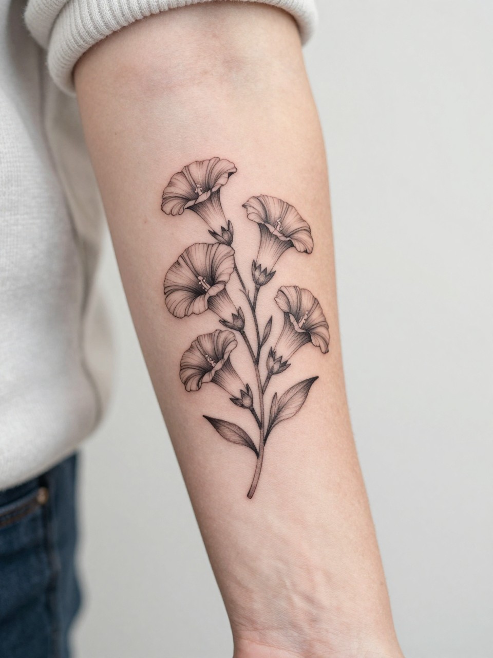 Image Prompt: "Extreme close-up of a small morning glory bouquet tattoo on the forearm, black ink fine line floral design with multiple delicate blooms, soft shading, elegant vine arrangement, realistic skin texture, neutral manicure, soft knit fabric slightly visible, design-focused tattoo inspiration photo, clean minimal background (no watermarks on images)"