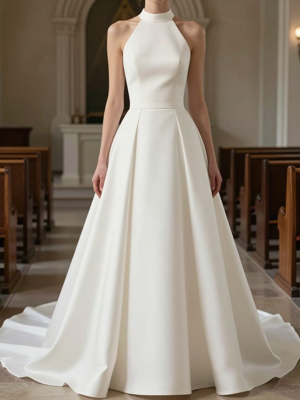 Image Prompt: A luxury bridal editorial image of a high neck halter wedding dress in a modern chapel, city venue, or refined bridal studio. Show the bride cropped from the shoulders down or from behind with the face fully hidden. The gown has a high halter neckline, smooth fitted bodice, clean waistline, and a full-length skirt with a simple train. Use soft daylight, realistic fabric texture, clean editorial composition, no visible face, no text, no watermark. (no watermarks on images)