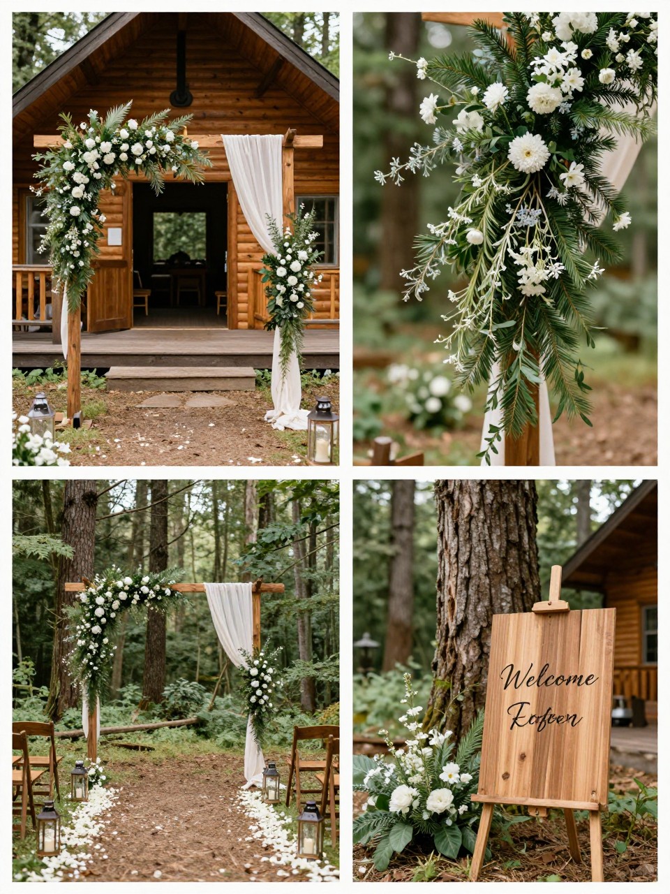 A professional 4-grid wedding decor collage showing a forest-inspired cabin wedding ceremony arch, top-left image featuring a wooden arch outside a cabin with greenery, white flowers, branches, and soft fabric, top-right image showing close-up arch florals with pine sprigs and wildflowers, bottom-left image showing a woodland aisle with lanterns and petals, bottom-right image showing a matching welcome sign near trees and cabin wood details, outdoor cabin wedding setting, natural daylight, no faces, no watermarks on images.
