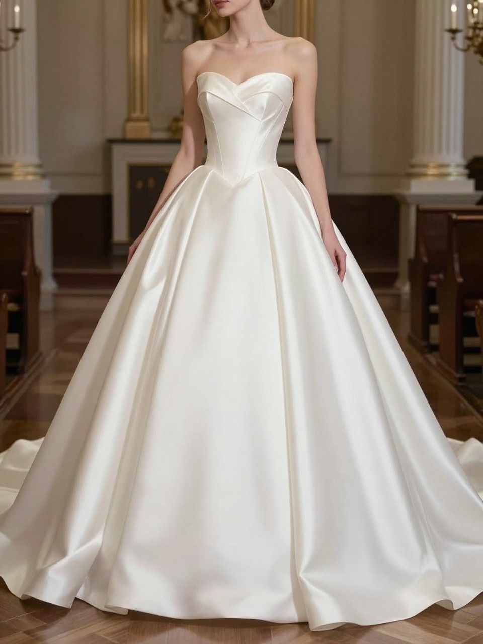 Image Prompt: A high-end bridal editorial photo of a satin drop waist corset ball gown in a grand chapel or luxury bridal studio. Show the bride from the neck down only, or from a back three-quarter angle so the face is fully hidden. The gown has a structured corset bodice with soft visible boning, a defined dropped waistline, a full satin skirt, and a sweeping train. Use soft natural light, realistic satin shine, polished luxury bridal magazine styling, elegant posture, no visible face, no text, no watermark. (no watermarks on images)