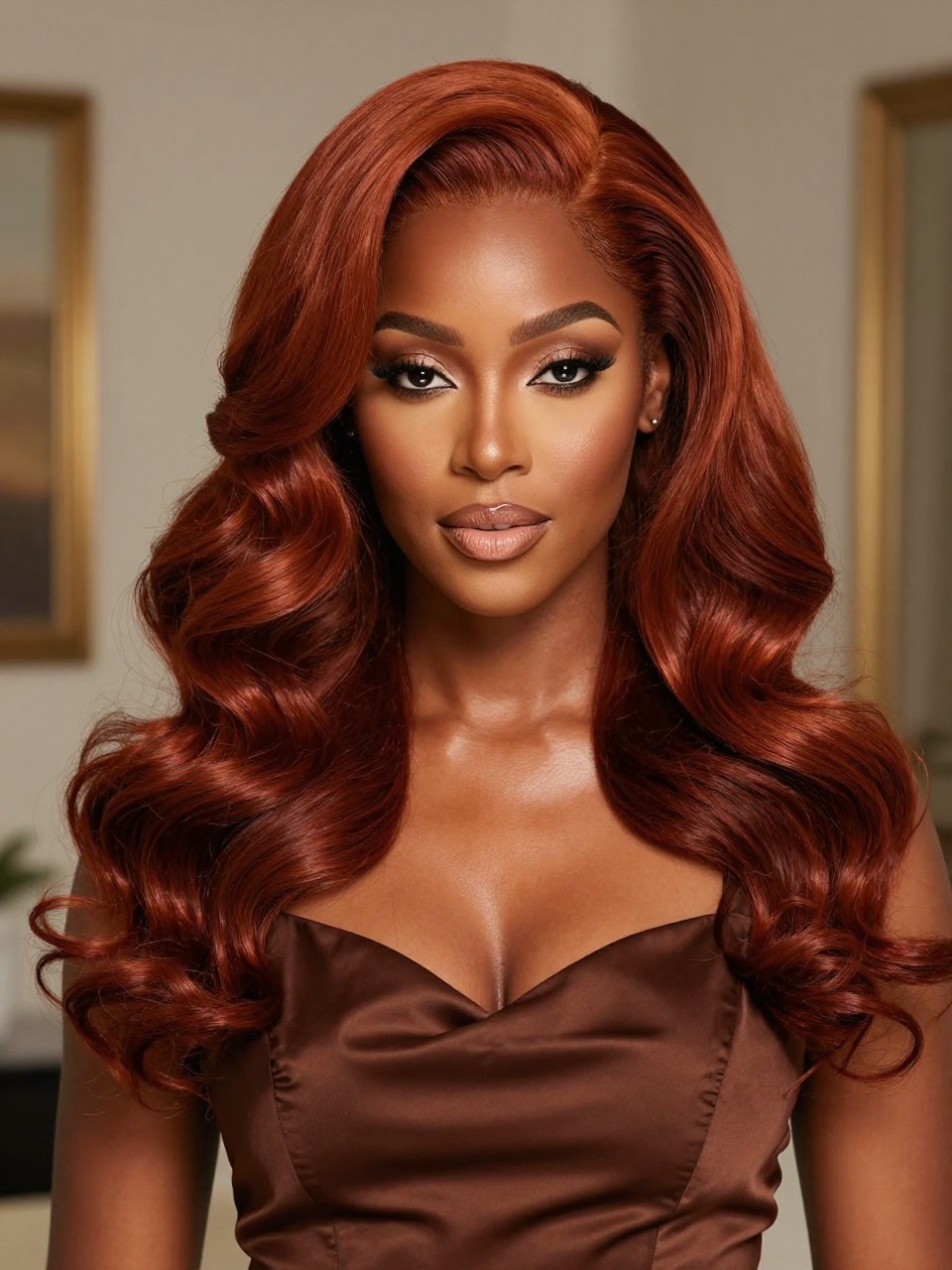 Image Prompt: A glamorous Black woman with long loose waves dyed auburn ginger, rich red-brown copper tone, side part, glossy soft curls, medium-deep skin tone, warm glam makeup with bronzed cheeks and nude lips, satin brown dress, elegant indoor setting with softly blurred background, soft warm lighting, editorial beauty photo, realistic DSLR detail, no text, (no watermarks on images)
