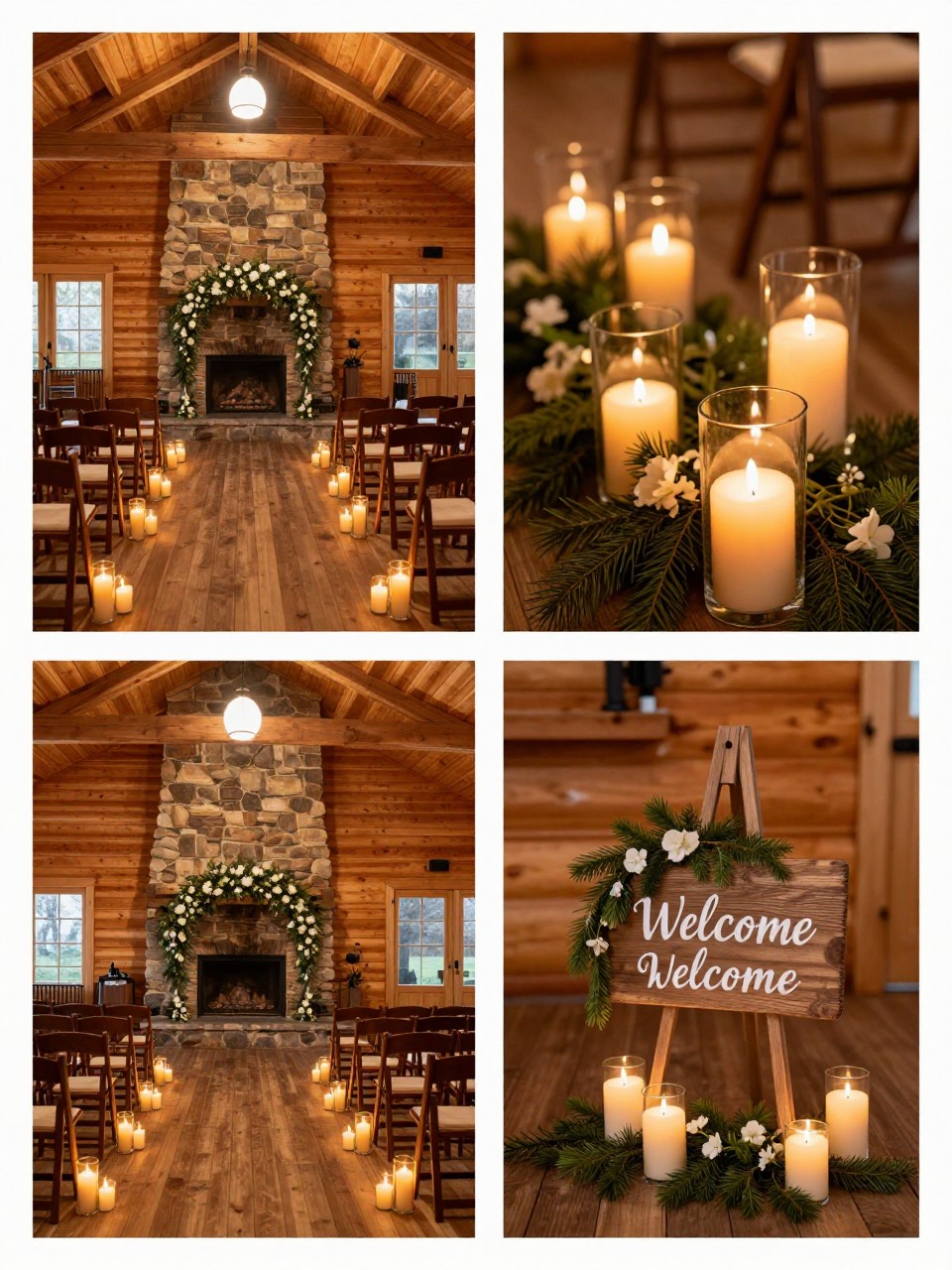 A professional 4-grid wedding decor collage showing a candlelit cabin wedding ceremony space, top-left image featuring a cozy wooden cabin interior with rows of chairs, a simple floral arch, candles along the aisle, and warm overhead lights, top-right image showing close-up glass hurricane candles with pine greenery and white flowers, bottom-left image showing the ceremony aisle facing a stone fireplace, bottom-right image showing a small wooden welcome sign styled with candles and greenery, rustic romantic cabin wedding decor, warm indoor lighting, no people, no faces, no watermarks on images.