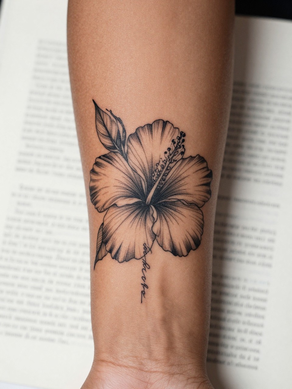 Image Prompt: "Close-up of a hibiscus flower tattoo with tiny handwritten name script on the inner forearm of a black woman, black ink fine line floral design, delicate open petals, soft shading, elegant cursive detail, realistic skin texture, book page underneath the arm, feminine soft lifestyle context, clean background, tattoo-centered inspiration photo (no watermarks on images)"