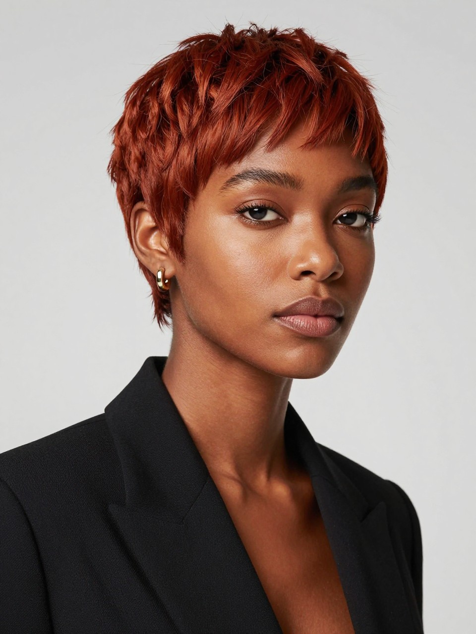 Image Prompt: A chic Black woman with a short reddish brown pixie cut, neatly shaped cropped sides, soft swoop in the front, glossy warm red-brown tone, dark brown skin, defined lashes, soft matte complexion, small gold earrings, tailored black blazer, clean studio backdrop, fashion beauty editorial photography, sharp realistic DSLR image, no text, (no watermarks on images)