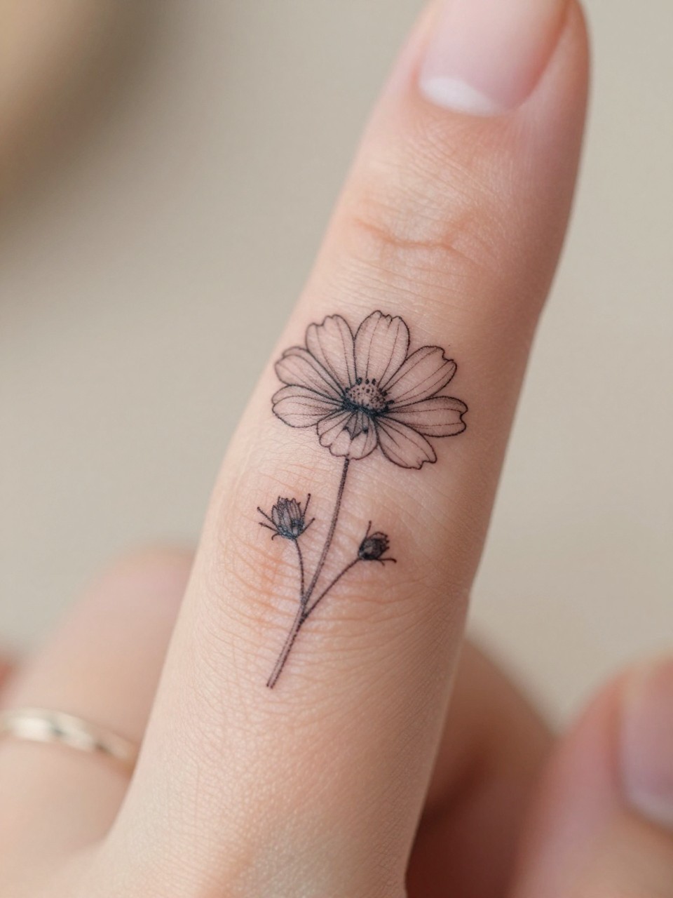 Macro shot of a micro cosmos tattoo on the side of the finger, black ink fine line floral design, tiny stem and delicate petals, minimalist micro tattoo style, realistic skin texture, delicate rings, neutral manicure, very tight crop, soft blurred background, feminine tattoo inspiration photo with tattoo as the main focus (no watermarks on images)