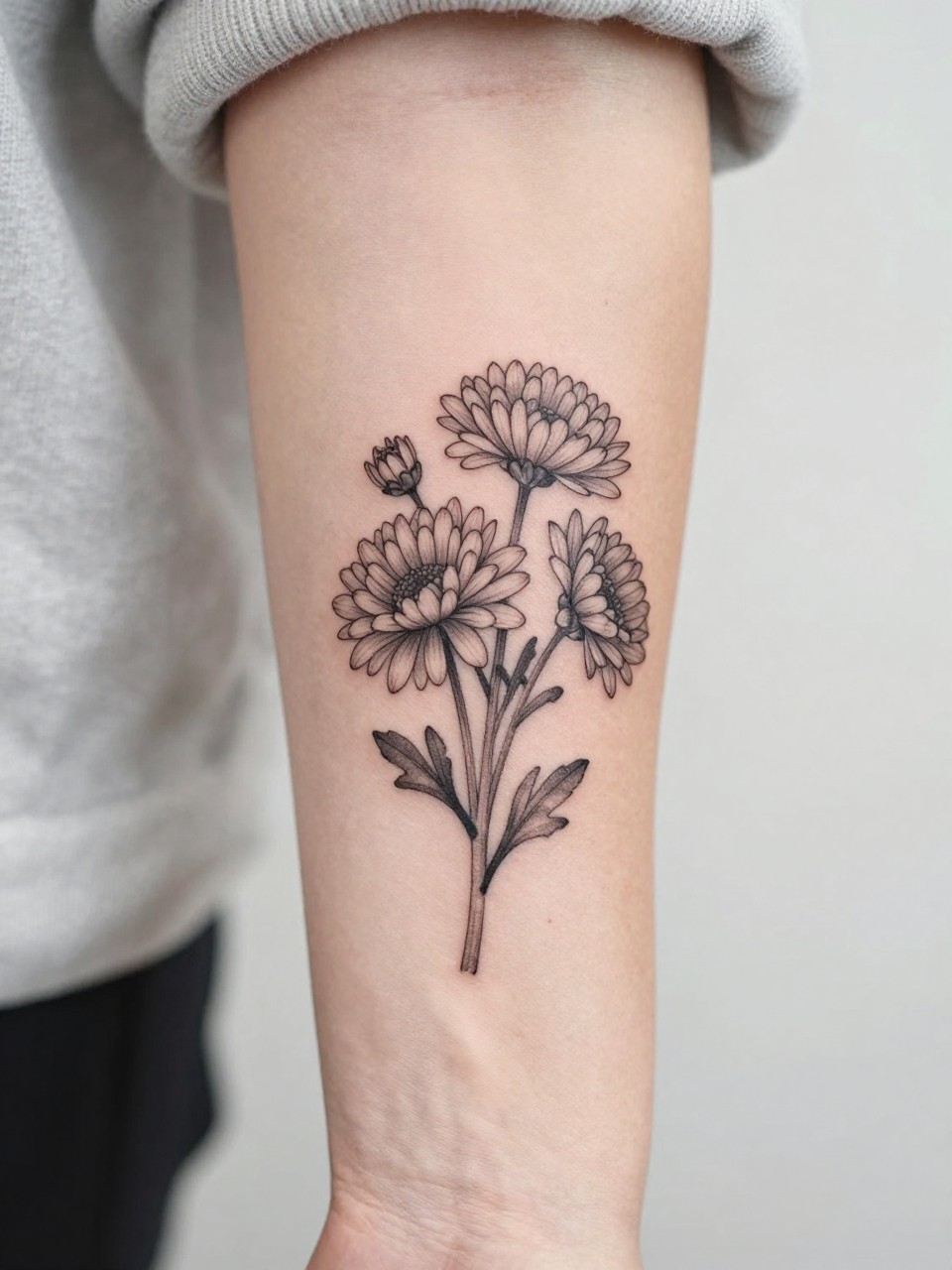 Image Prompt: "Extreme close-up of a small chrysanthemum bouquet tattoo on the forearm, black ink fine line floral design with multiple delicate blooms, soft shading, elegant stem arrangement, realistic skin texture, neutral manicure, soft knit fabric slightly visible, design-focused tattoo inspiration photo, clean minimal background (no watermarks on images)"