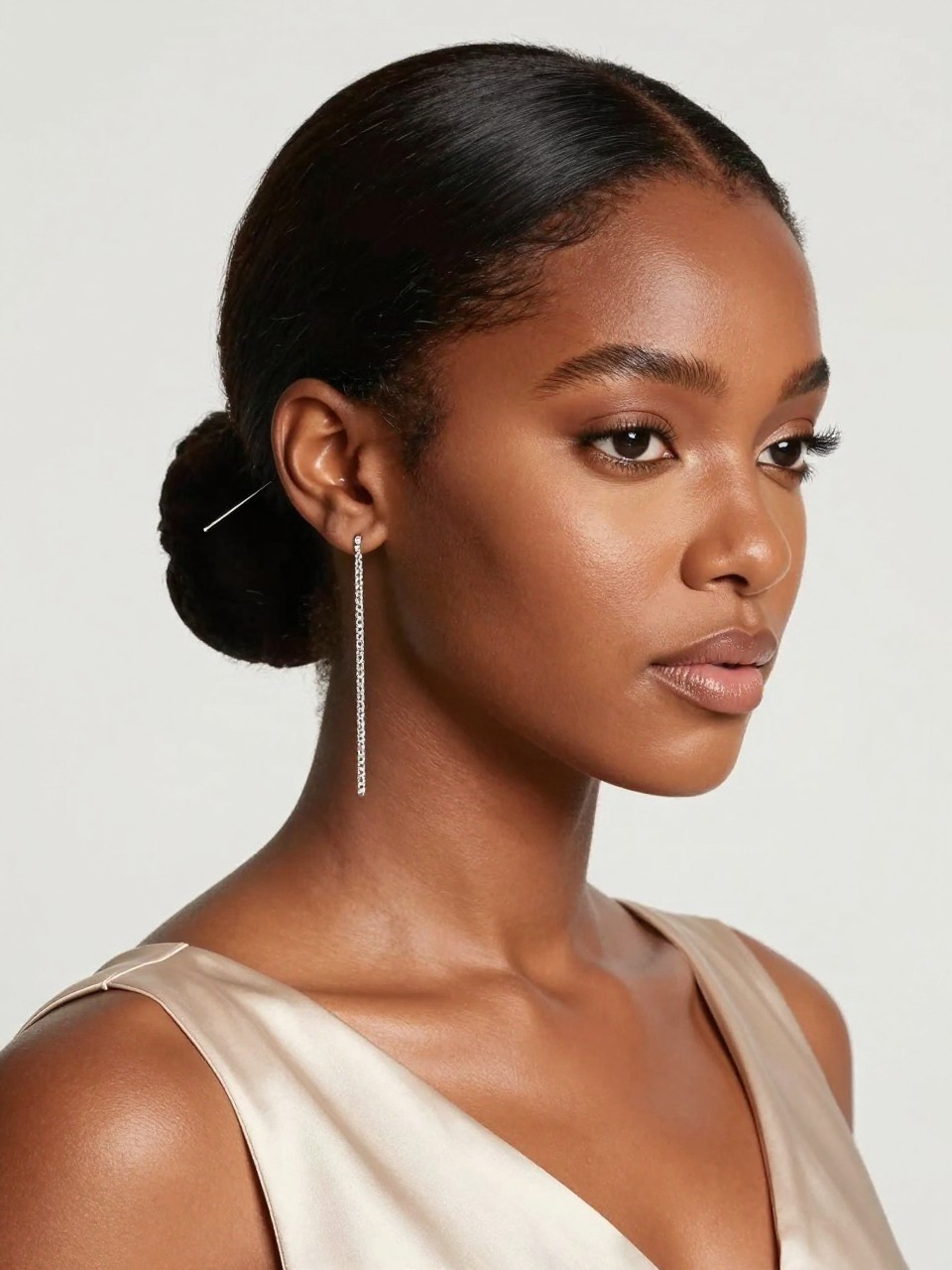 A photorealistic beauty portrait of a black woman wearing a sleek low bun with a clean middle part, smooth glossy dark hair tucked neatly behind both ears, a delicate silver earring chain draping from one ear to a hidden hair pin near the side of the bun, soft glam makeup, elegant satin dress, clean studio background, refined editorial fashion photography, sharp focus, luxurious styling, no text, no watermark, no watermarks on images.