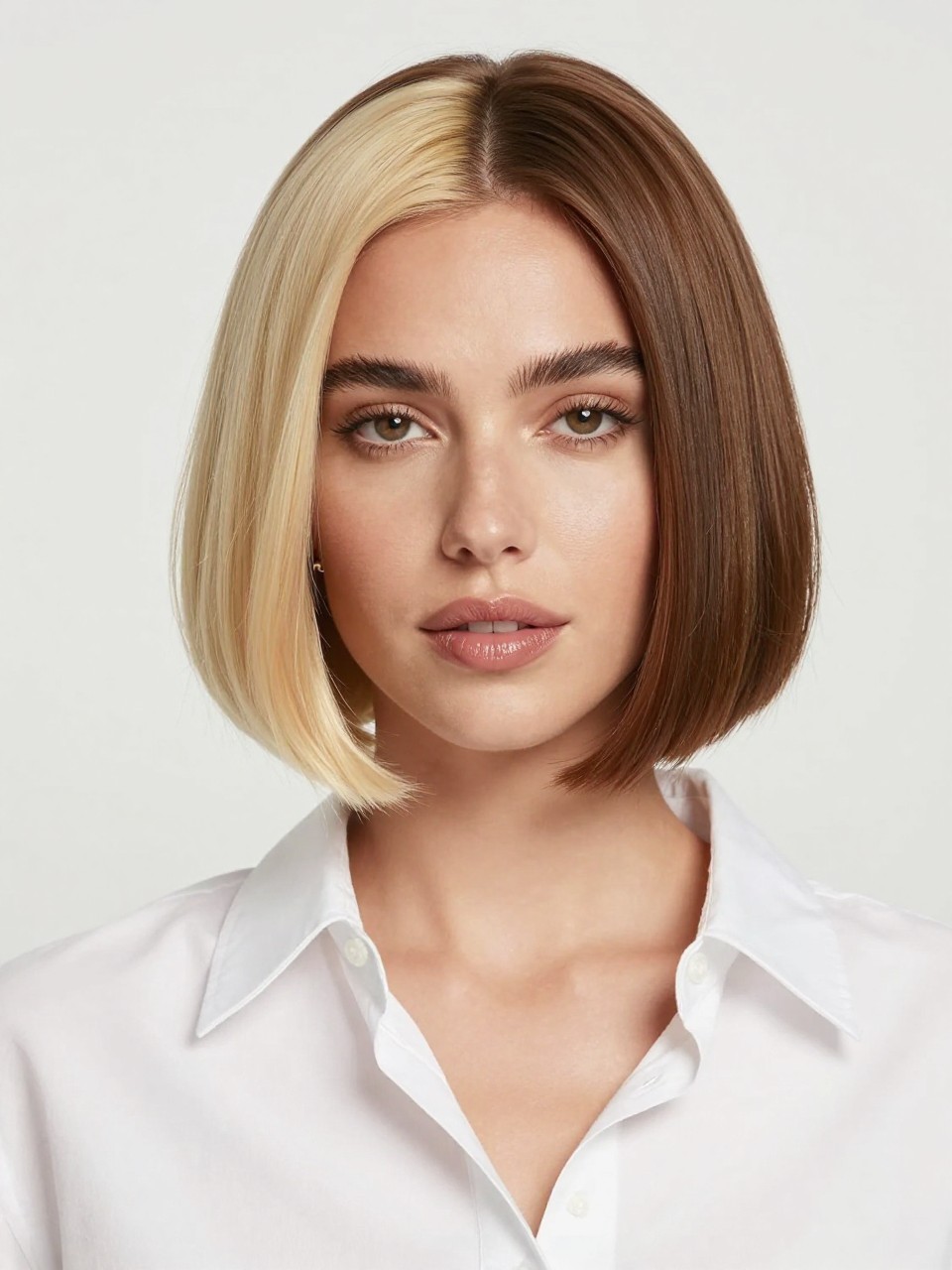 Image Prompt: A stylish woman with a chin-length two tone split bob, one side creamy blonde and the other side medium brown, sharp center part, smooth rounded bob with soft bend at the ends, glossy shine, neutral medium skin tone, fresh natural makeup, nude glossy lips, small earrings, white button-up shirt, bright clean studio background, soft flattering lighting, realistic beauty editorial photography, detailed bob shape and clean split color, no text, (no watermarks on images)