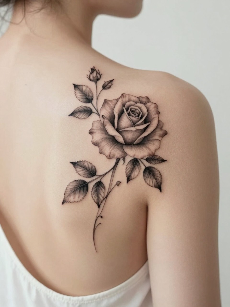 Image Prompt: "Close-up of a rose and vine tattoo on the back, black ink floral design with soft shaded rose bloom, fine line vines and leaves flowing across the skin, realistic skin texture, soft blouse edge barely visible, feminine modern tattoo inspiration photo, minimal background, tattoo is the clear main subject (no watermarks on images)"