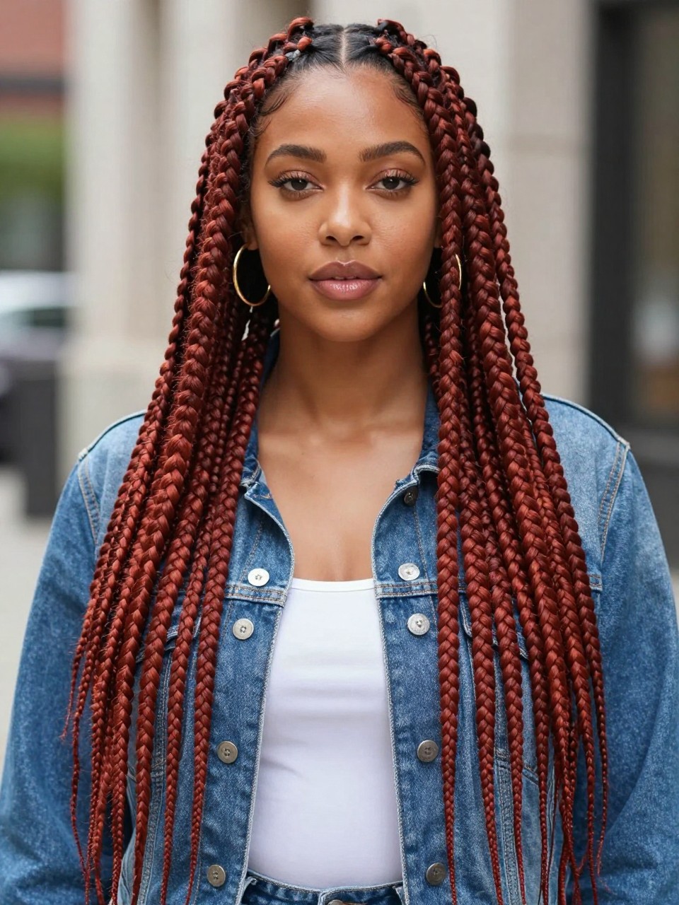 Image Prompt: A fashionable woman wearing long mahogany brown box braids, waist-length braids in rich red-brown mahogany tones, neat square parts, smooth finished tips, softly styled baby hairs, medium-deep brown skin, glossy lips, gold hoop earrings, denim jacket over a white top, outdoor city background softly blurred, natural daylight, realistic lifestyle beauty portrait, detailed braid texture and warm mahogany color, no text, (no watermarks on images)