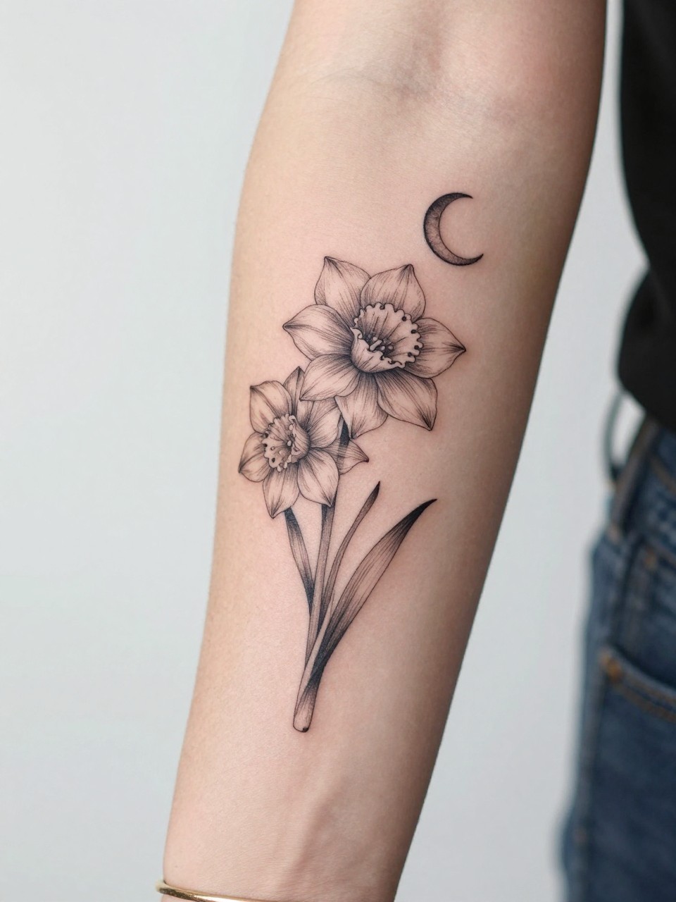 Image Prompt: "Design-focused close-up of a narcissus tattoo with a tiny crescent moon on the inner arm, black ink fine line floral design, layered petals, soft shading, delicate celestial accent, realistic skin texture, gold bracelet lightly visible, feminine modern tattoo inspiration photo, clean soft background, tattoo is the hero (no watermarks on images)"