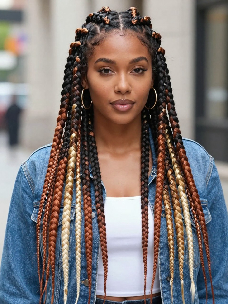 Image Prompt: A fashionable woman wearing long calico cat box braids, waist-length braids with mixed sections of black, copper, ginger, honey blonde, and cream braiding hair, neat square parts, smooth finished tips, softly styled baby hairs, medium-deep brown skin, glossy lips, gold hoop earrings, denim jacket over a white top, outdoor city background softly blurred, natural daylight, realistic lifestyle beauty portrait, detailed braid texture and color pattern, no text, (no watermarks on images)
