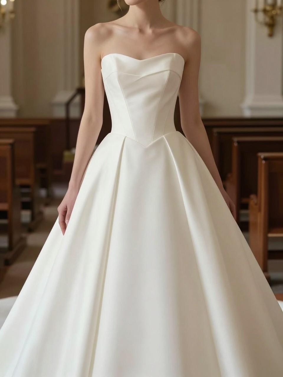 Image Prompt: A couture-style bridal editorial photo of a basque-inspired drop waist corset wedding dress in an elegant chapel or grand bridal suite. Show the bride from the neck down only, or from a rear three-quarter angle so the face is completely hidden. The gown has a sculpted corset bodice, soft pointed basque-style dropped waist, structured neckline, and a romantic full skirt with elegant movement. Use natural light, realistic fabric texture, refined editorial bridal styling, no visible face, no text, no watermark. (no watermarks on images)