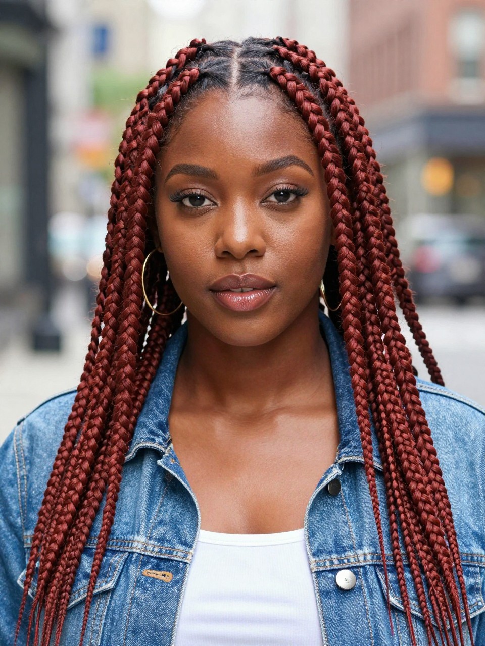 Image Prompt: A stylish Black woman wearing waist-length reddish brown box braids, neat square parts, clean scalp, smooth braids with soft shine, warm red-brown braid color, softly styled baby hairs, warm brown skin, glossy lips, gold hoop earrings, denim jacket over a white top, outdoor city background softly blurred, natural daylight, realistic lifestyle beauty photo, detailed braid texture, no text, (no watermarks on images)