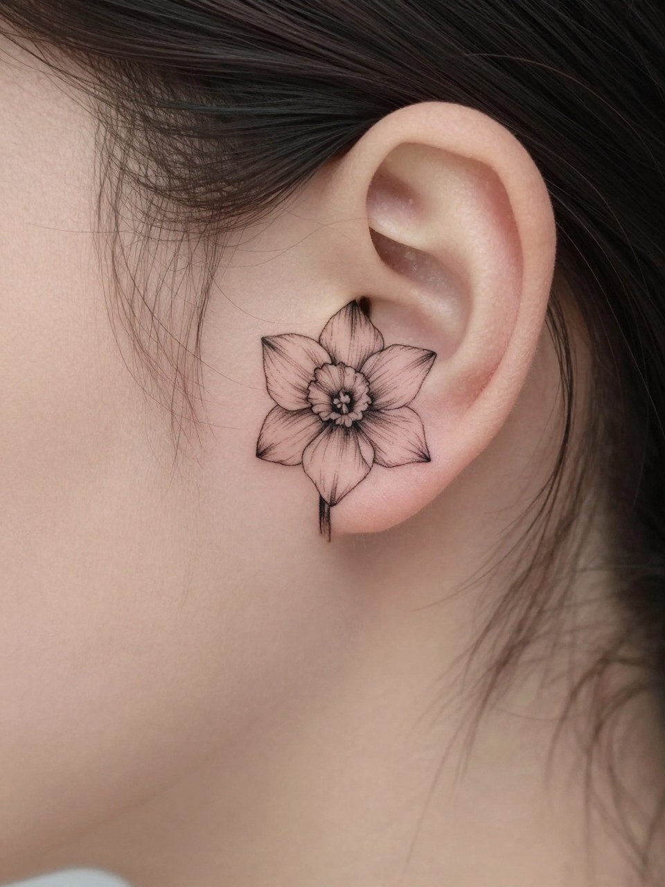 Image Prompt: "Extreme close-up of a small narcissus flower tattoo behind the ear, fine line black ink floral design with delicate petals and light shading, realistic skin texture, a few loose hair strands framing the placement, minimal feminine styling, tight crop, clean soft background, tattoo is the hero of the image (no watermarks on images)"