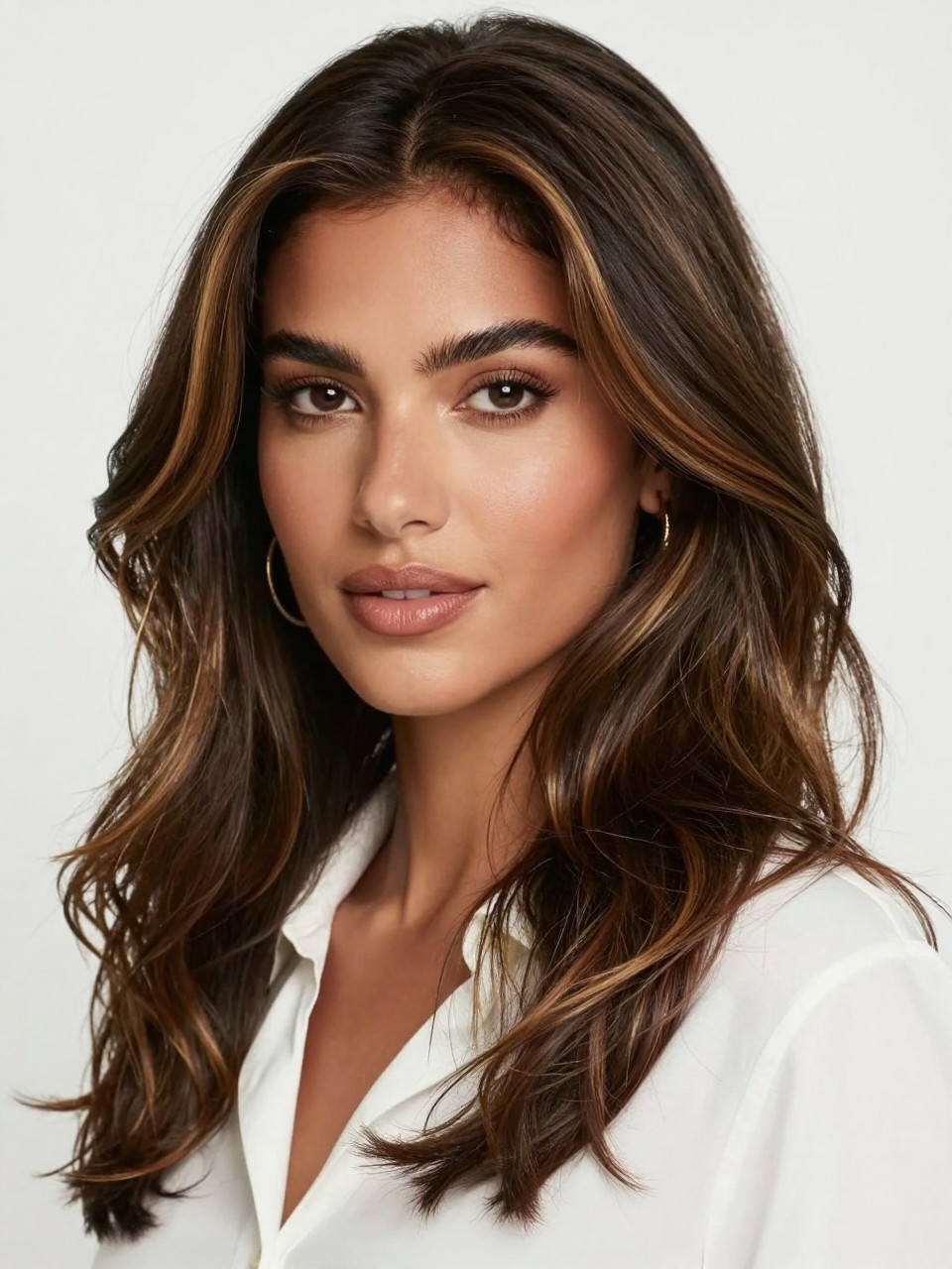 Image Prompt: A beautiful brunette woman with dark brown hair and subtle honey brown highlights, soft golden-brown pieces placed lightly around the face and through the lower layers, loose waves with shine, warm medium skin tone, bronzed makeup, glossy lips, gold earrings, white blouse, clean bright studio background, soft flattering lighting, realistic DSLR beauty portrait, detailed soft highlight contrast, no text, (no watermarks on images)