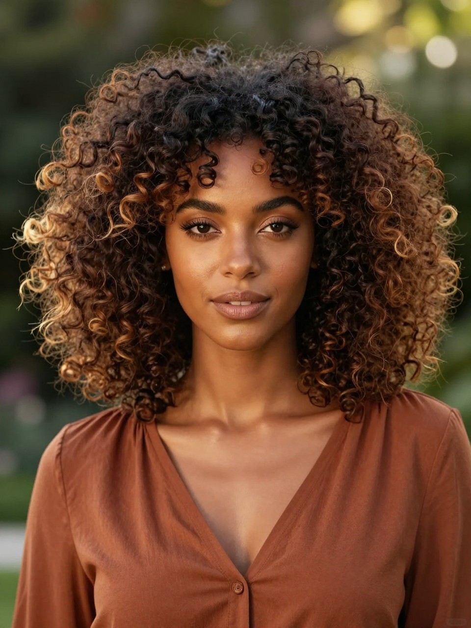 Image Prompt: A beautiful Black woman with voluminous curly hair, dark natural roots blending into cinnamon brown ombré ends, bouncy defined curls, warm brown skin, bronzed makeup, rust-colored blouse, outdoor golden-hour lighting, softly blurred garden background, realistic beauty editorial portrait, visible smooth color transition, no text, (no watermarks on images)