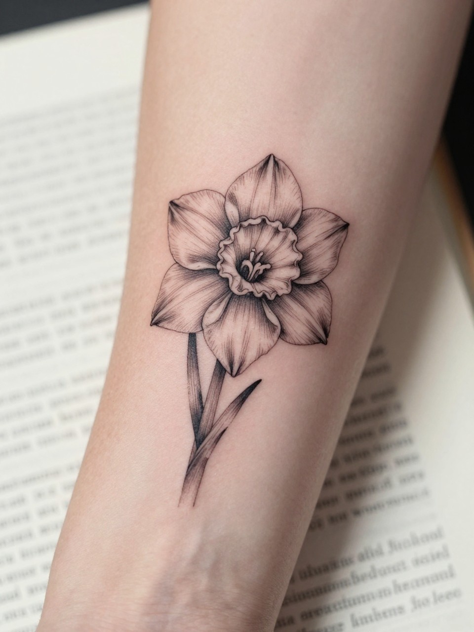Image Prompt: "Extreme close-up of a narcissus flower tattoo with tiny handwritten name script on the inner forearm, black ink fine line floral design, delicate petals, soft shading, elegant cursive detail, realistic skin texture, book page underneath the arm, feminine soft lifestyle context, clean background, tattoo-centered inspiration photo (no watermarks on images)"