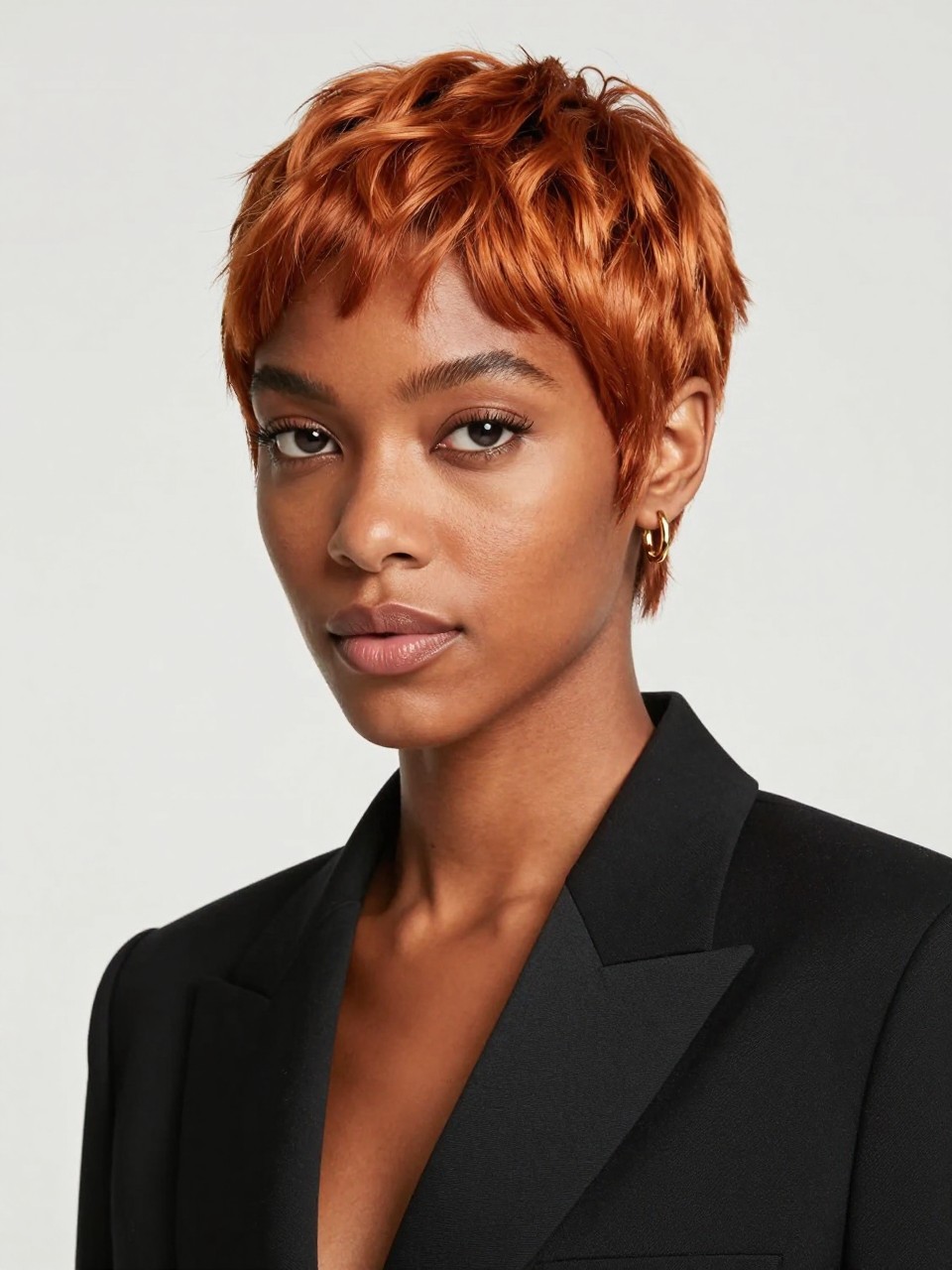 Image Prompt: A chic Black woman with a short ginger pixie cut, neatly shaped cropped sides, soft finger-wave detail in the front, bright warm copper-ginger tone, dark brown skin, defined lashes, soft matte skin, small gold earrings, tailored black blazer, clean studio backdrop, fashion beauty editorial photography, sharp realistic DSLR image, no text, (no watermarks on images)