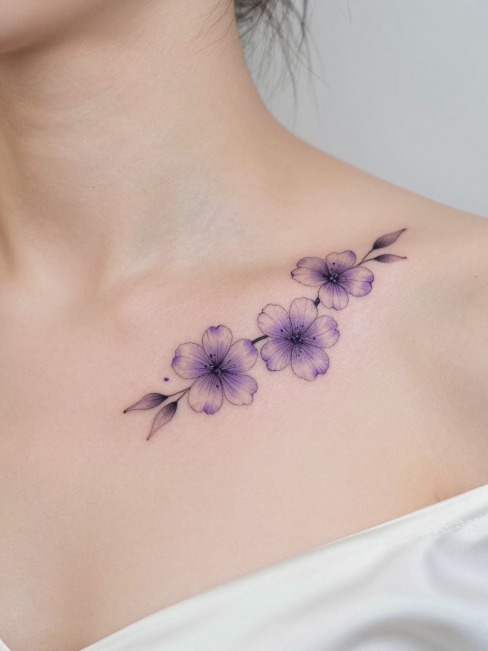 Image Prompt: "Close-up of two tiny violet tattoos along the collarbone, black ink fine line floral design with soft rounded petals and light shading, realistic skin texture, satin blouse neckline barely visible, feminine clean composition, close-up tattoo visibility, soft minimal background, tattoo is the clear main subject (no watermarks on images)"