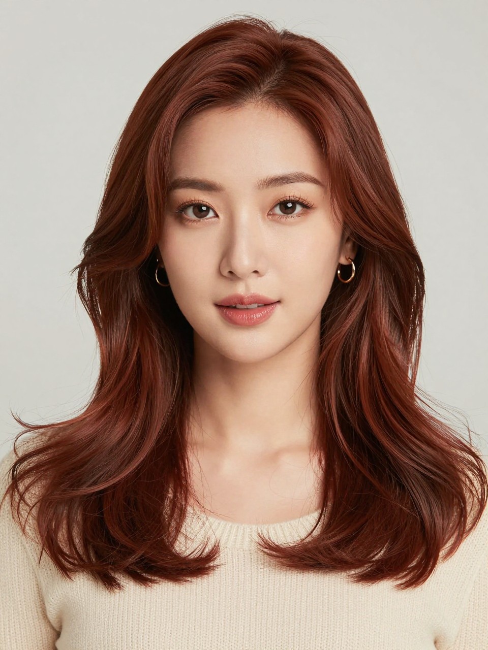 Image Prompt: A beautiful Asian woman with tan skin and medium-length soft auburn brown hair, rich reddish-brown shade with gentle copper undertones, loose waves, warm glam makeup, glossy lips, gold earrings, cream knit top, clean neutral studio background, soft diffused lighting, realistic DSLR beauty portrait, detailed auburn brown shine and wave texture, no text, (no watermarks on images)