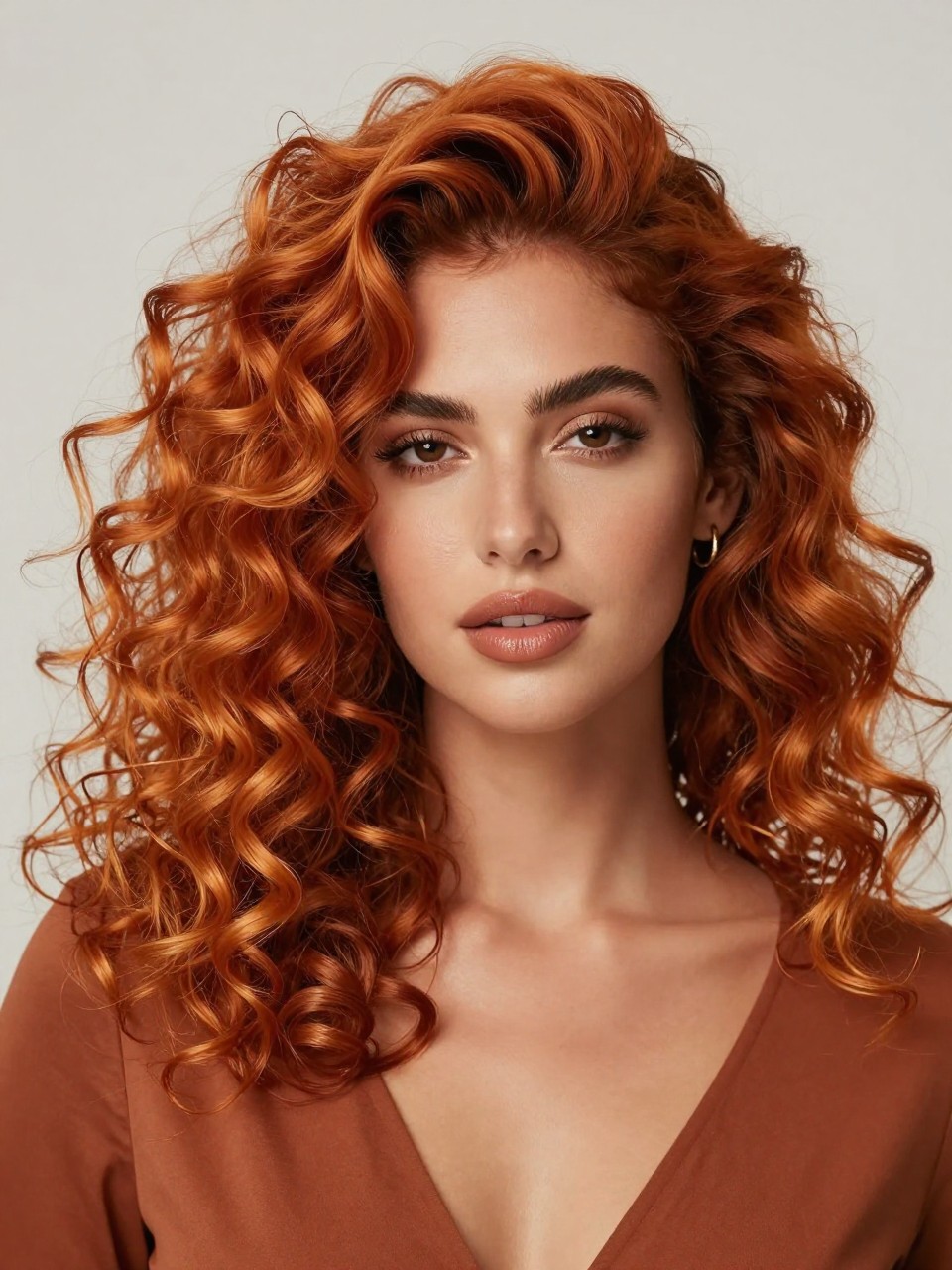 Image Prompt: A stunning woman with shoulder-length curly hair dyed ginger fox tail, dark auburn roots blending into bright ginger curls and soft orange-copper ends, defined spiral curls with volume and shine, deep brown skin, glossy nude lips, bronzed makeup, small gold earrings, rust-colored top, soft daylight, clean beauty studio background, realistic DSLR beauty portrait, sharp curl texture, no text, (no watermarks on images)