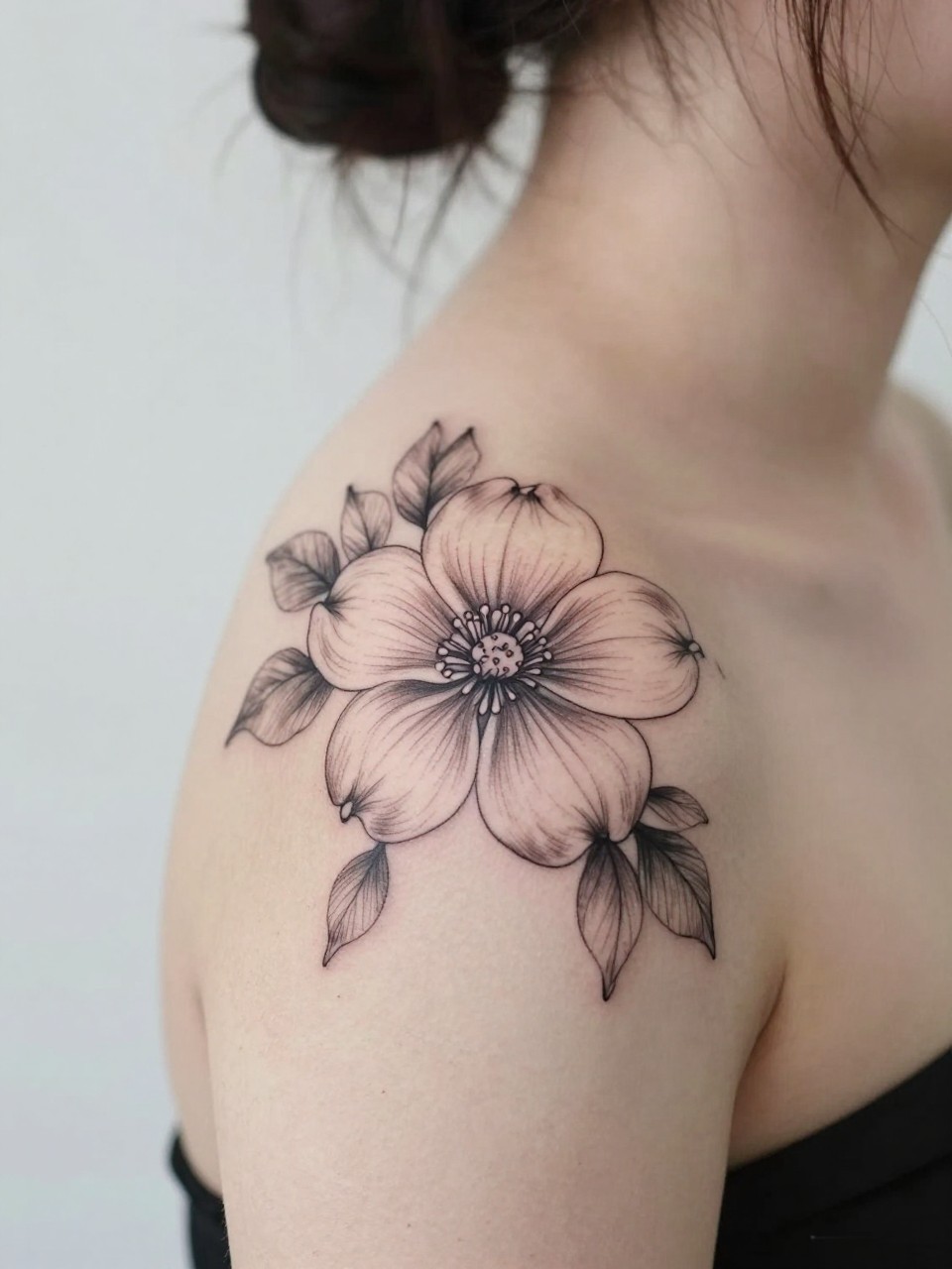 Image Prompt: "Design-focused close-up of a blooming dogwood tattoo on the shoulder blade, black ink fine line floral style with soft grey shading, full rounded petals and a delicate center, realistic skin texture, hair loosely pinned up, clean feminine styling, soft minimal background, tattoo fills most of the frame (no watermarks on images)"