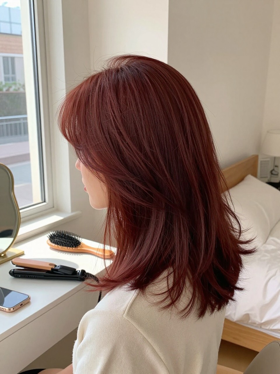 Photo of a brown woman wearing muted cherry red hair with soft smooth bends, side profile view, sun-drenched bedroom setting, natural window light, with a flat iron on the vanity and a hairbrush nearby, latest iPhone photo quality.
