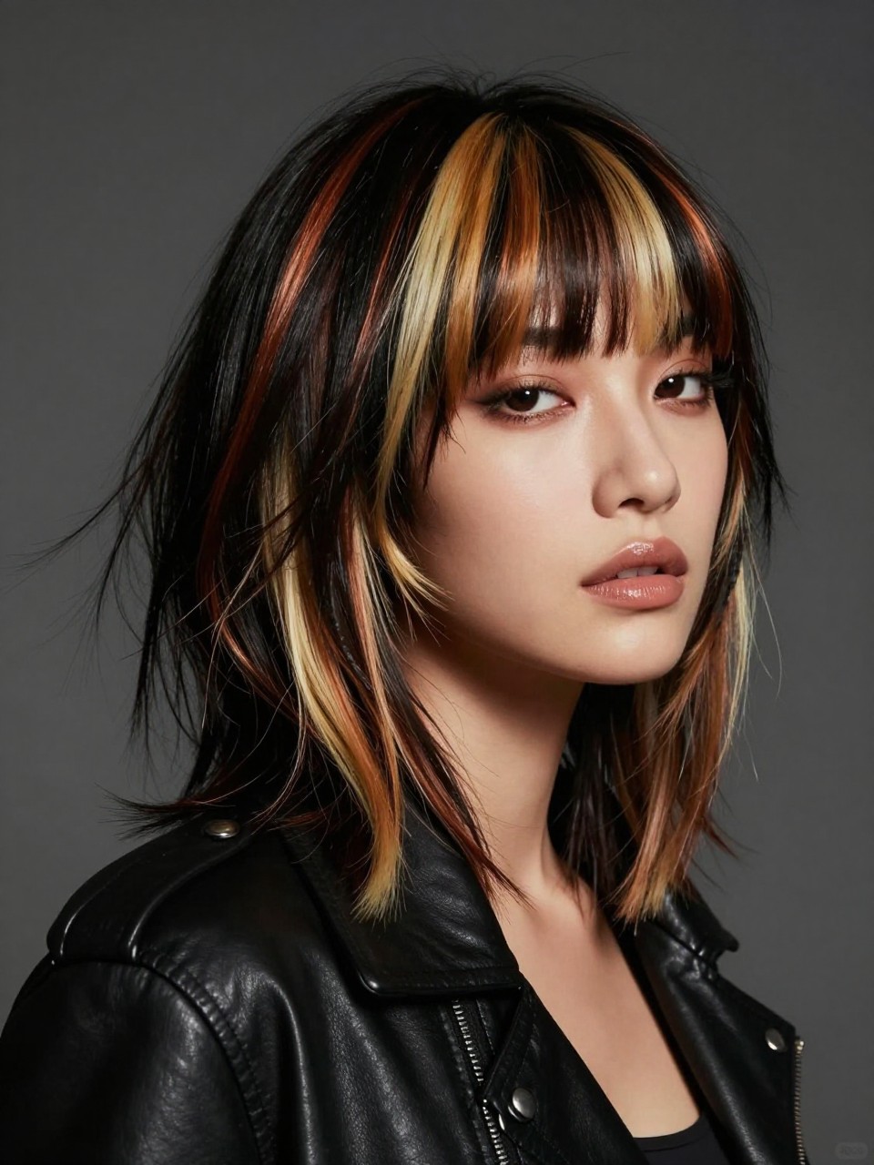 Image Prompt: A stylish woman with a medium-length shag haircut featuring calico cat color placement, choppy layers, curtain bangs, glossy black base with copper, honey blonde, and cream panels through the bangs and side layers, tousled texture, warm brown skin, soft smoky makeup, glossy lips, black leather jacket, moody studio background, soft directional lighting, realistic fashion editorial portrait, detailed layered color contrast, no text, (no watermarks on images)