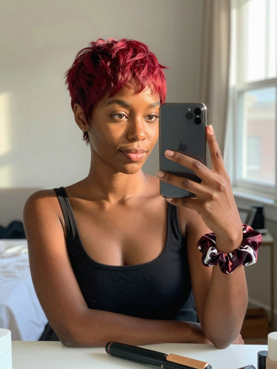 Photo of a BLACK woman wearing a cherry red pixie cut with soft piecey texture, candid mirror selfie, sun-drenched bedroom setting, natural window light, with a small flat iron on the vanity and a silk scrunchie on her wrist, latest iPhone photo quality.