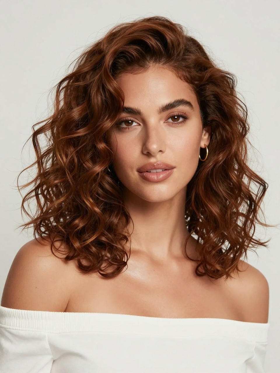 Image Prompt: A gorgeous woman with neutral skin tone and shoulder-length chestnut brown curls, warm medium brown shade with subtle golden-red undertones, defined curls with healthy volume, natural glowing makeup, glossy nude lips, small gold hoops, white off-shoulder top, clean studio background, soft flattering lighting, realistic DSLR beauty portrait, detailed curl texture and warm brown shine, no text, (no watermarks on images)