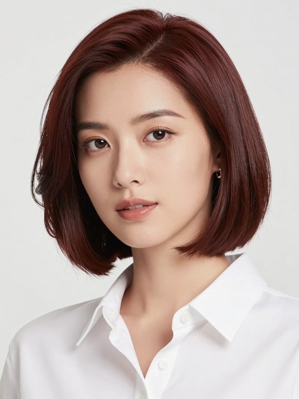 Image Prompt: A pretty woman with a chin-length mahogany brown bob, smooth rounded bob shape with a soft bend at the ends, rich red-brown hair color with glossy shine, medium skin tone, fresh natural makeup, glossy nude lips, small gold earrings, white button-up shirt, bright clean studio background, soft flattering lighting, realistic beauty editorial photography, detailed bob shape and mahogany shine, no text, (no watermarks on images)