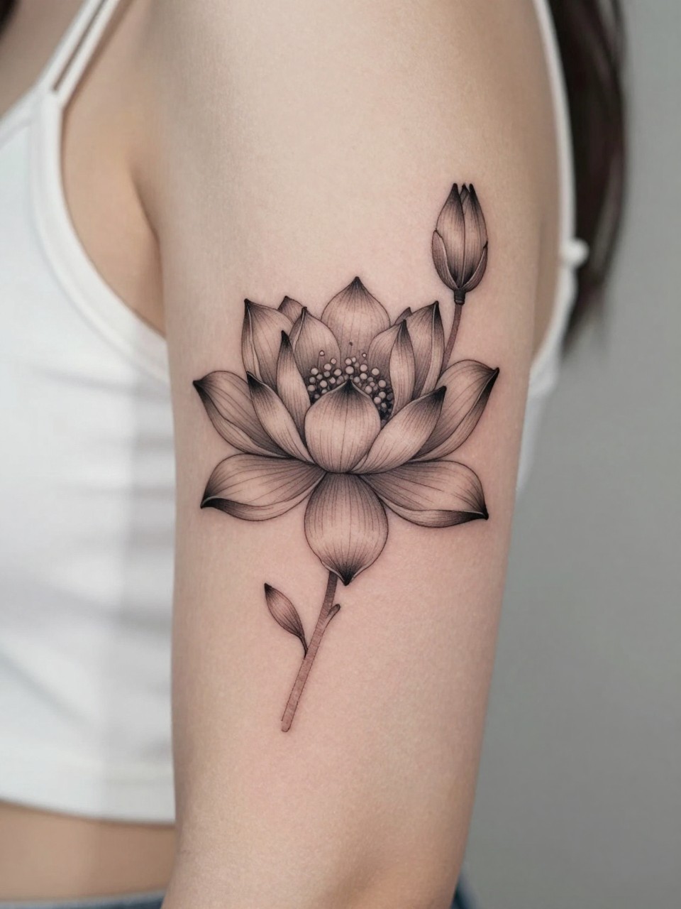 Image Prompt: "Design-focused close-up of a water lily tattoo on the inner bicep, black ink fine line floral style, rounded layered petals with soft shading, realistic skin texture, satin ribbon nearby as a subtle feminine detail, tight crop, minimal soft background, modern lifestyle-inspired tattoo image, tattoo is the clear main subject (no watermarks on images)"