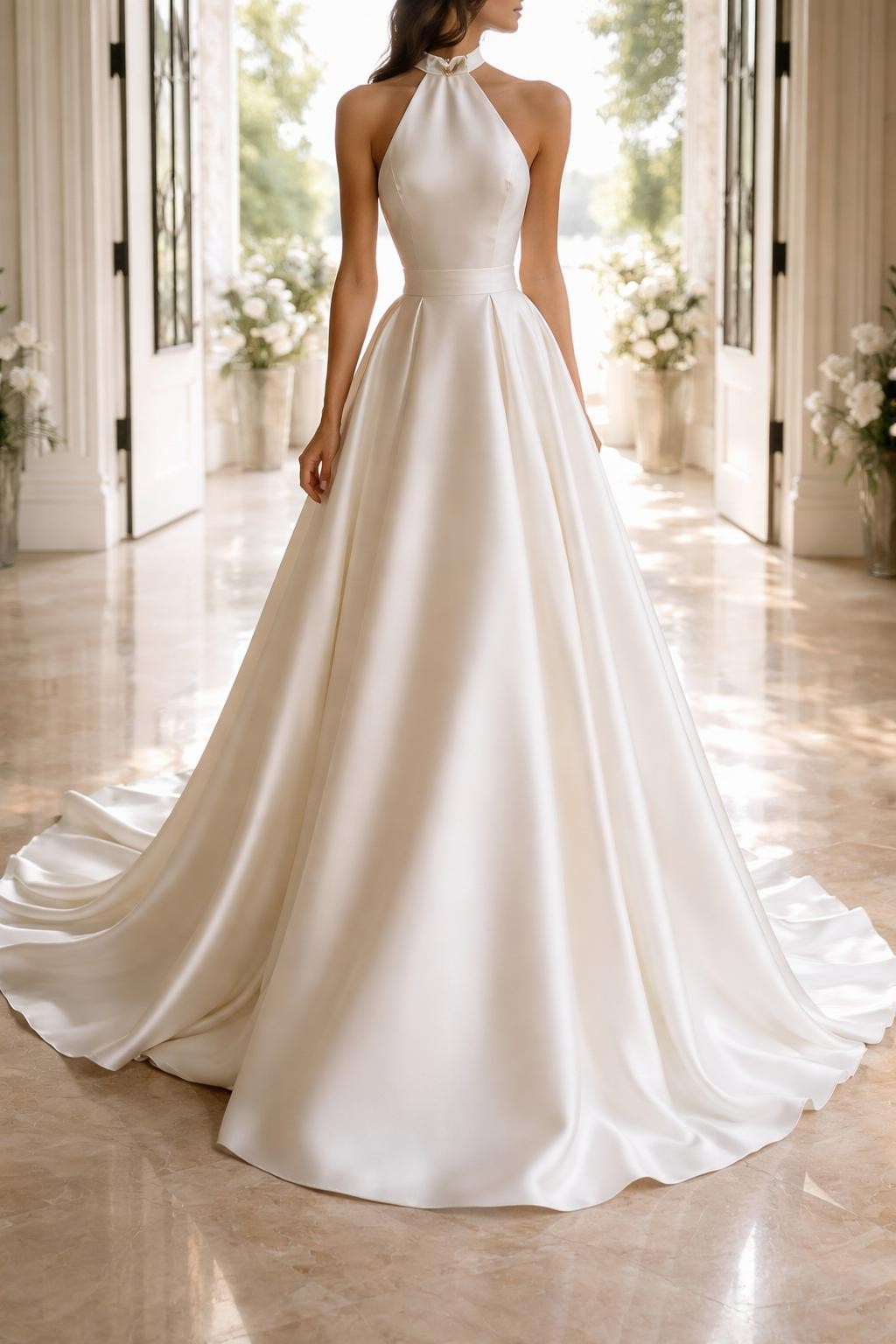 Image Prompt: A high-end bridal editorial photo of a satin halter neck A-line wedding dress in a bright chapel entrance or luxury bridal studio. Show the bride from the neck down only, or from a back three-quarter angle so the face is fully hidden. The gown has a clean halter neckline, fitted bodice, defined waist, smooth satin A-line skirt, and a soft train. Use natural light, realistic satin texture, polished bridal magazine styling, graceful posture, no visible face, no text, no watermark. (no watermarks on images)
