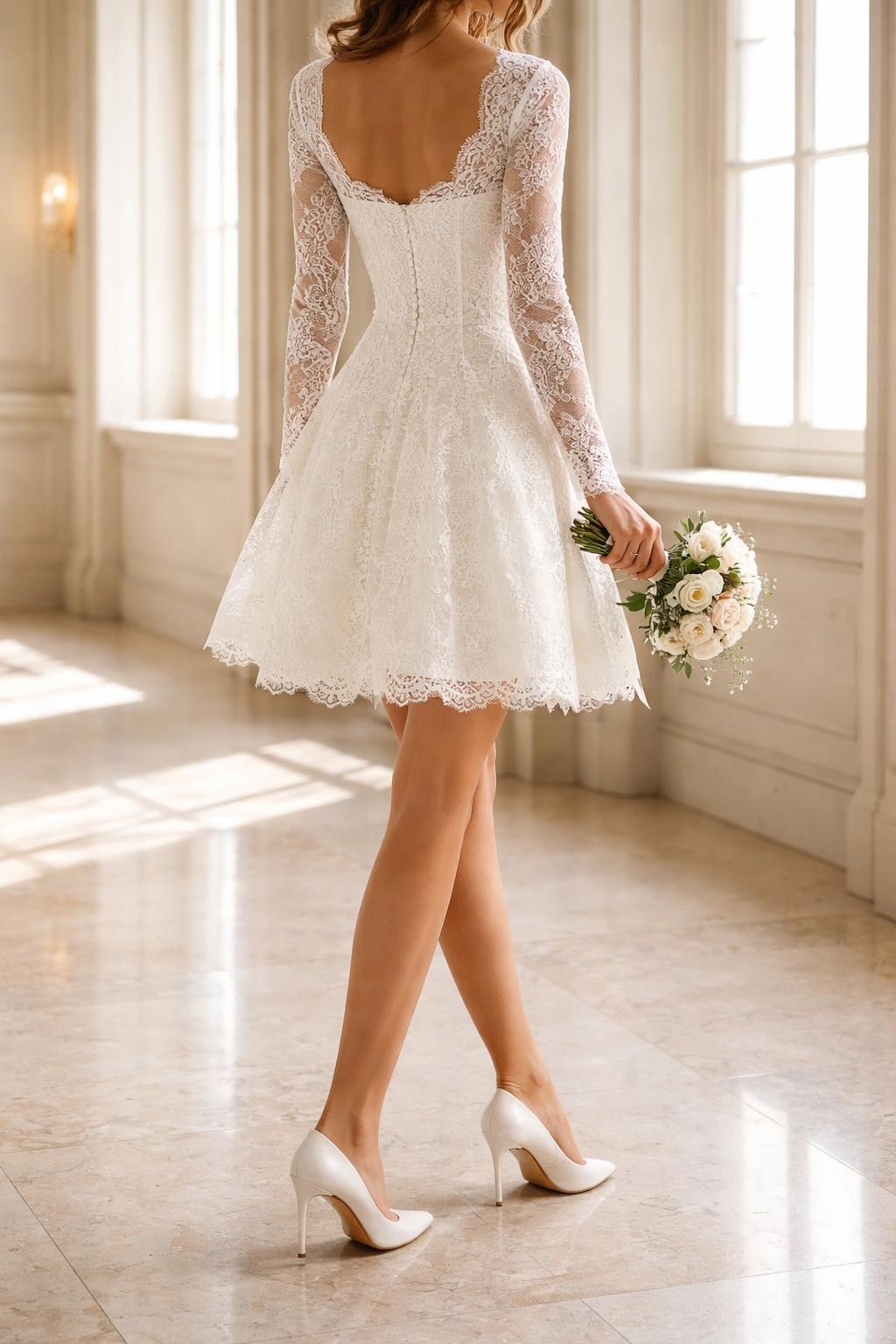 Image Prompt: A professional bridal editorial photo of a short lace courthouse wedding dress in a bright city hall hallway or elegant courthouse room. Show the bride from the neck down only, or from a side-back pose so the face is hidden. The dress has delicate lace, a fitted bodice, short or long sleeves, and a knee-length or mini skirt with a neat bridal finish. Style with simple heels and a small bouquet held low. Use natural light, realistic lace texture, polished bridal magazine quality, no visible face, no text, no watermark. (no watermarks on images)