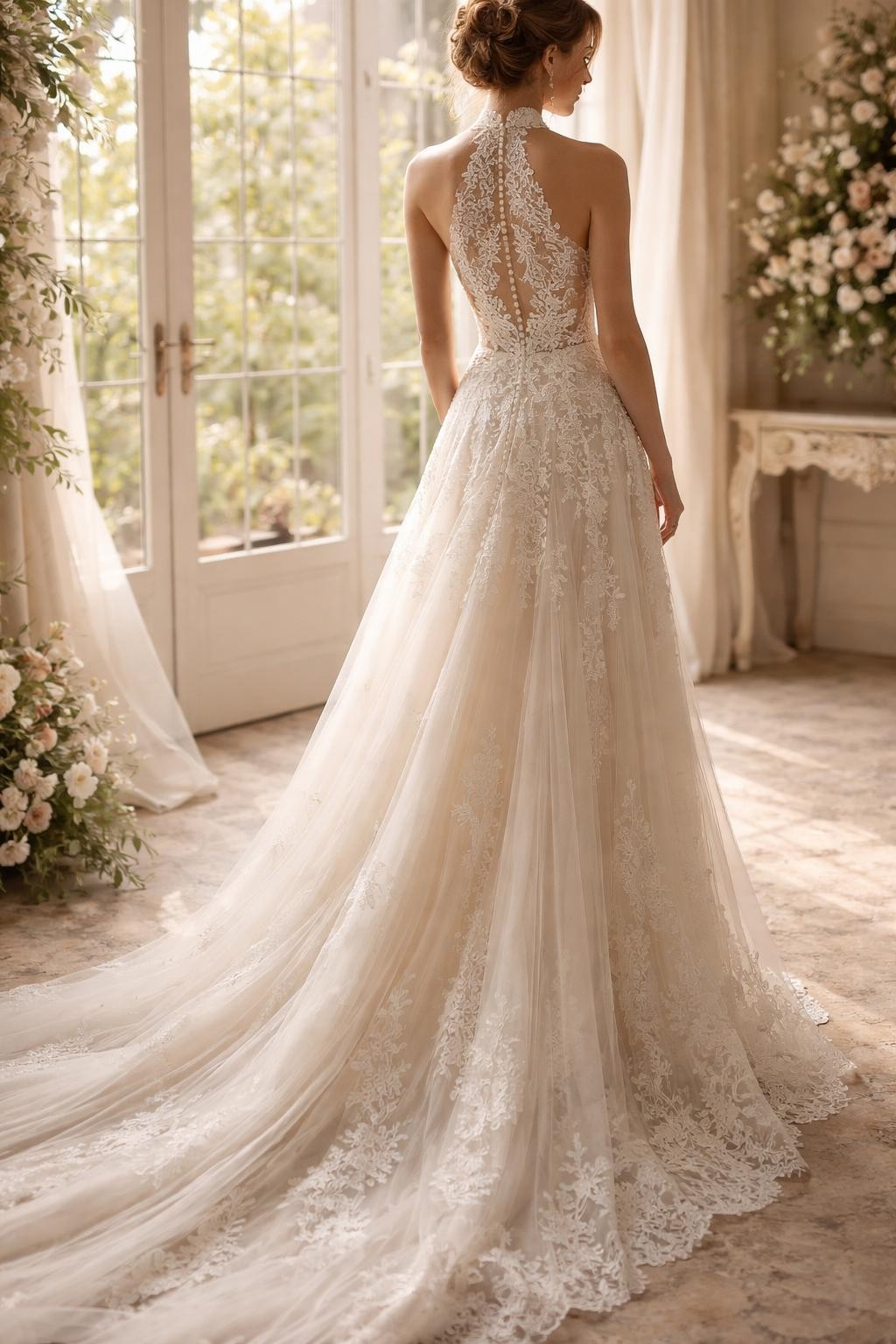 Image Prompt: A professional bridal editorial photo of a lace halter neck wedding dress in a softly lit garden chapel or elegant bridal suite. Show the bride from the neck down only, or from a side-back angle so the face is hidden. The gown has a lace halter bodice, fitted waist, delicate floral lace detail, and a flowing skirt with a light train. Use natural light, realistic lace texture, romantic bridal styling, luxury wedding magazine quality, no visible face, no text, no watermark. (no watermarks on images)