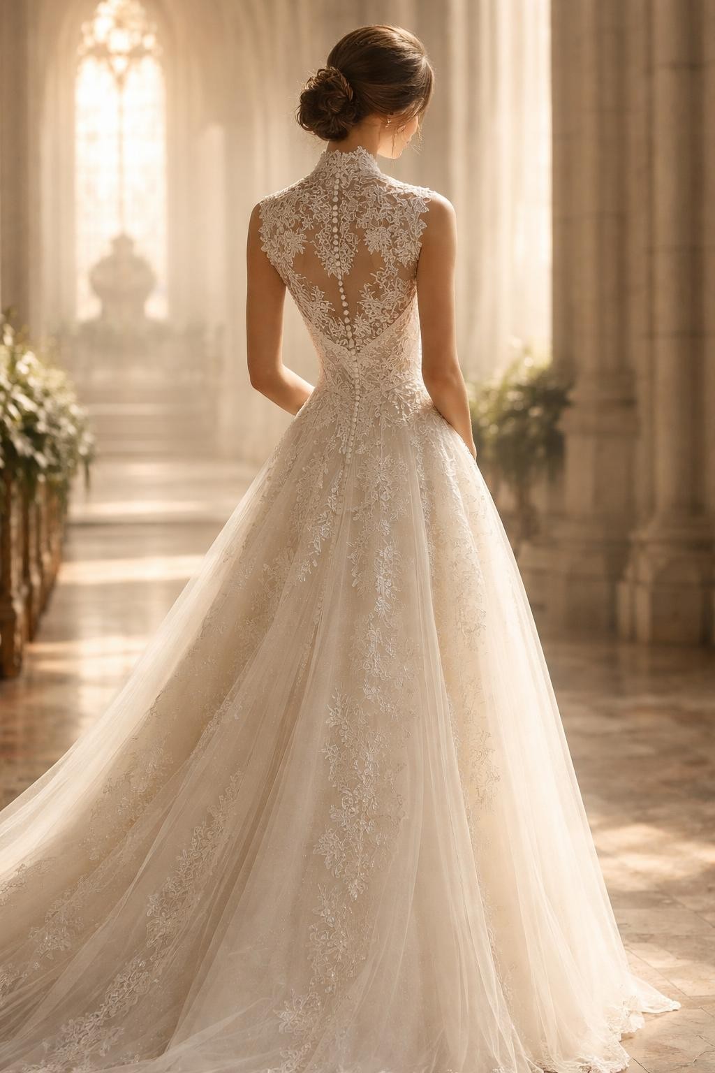 Image Prompt: A refined bridal editorial photo of a high neck lace wedding dress inside a bright church aisle or cathedral-inspired space. Show the bride from the shoulders down or from a side-back angle with the face fully hidden. The gown features a high lace neckline, elegant bodice, delicate lace pattern, and a full-length flowing skirt. Use soft church light, graceful posture, realistic lace detail, luxury editorial composition, no visible face, no text, no watermark. (no watermarks on images)