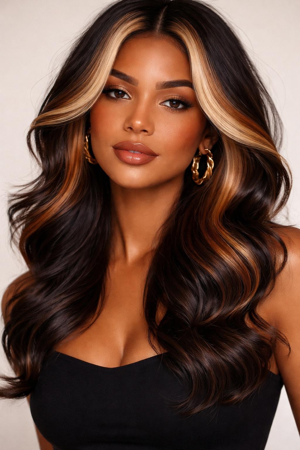 Image Prompt: A stylish woman with dark brown wavy hair and calico-inspired money pieces, thick ginger and cream blonde panels framing the face, dark brunette base with subtle copper pieces through the sides, soft loose waves, warm deep skin tone, glossy nude lips, bronzed makeup, gold earrings, fitted black top, clean neutral studio background, close-up beauty portrait, realistic DSLR photo, sharp face-framing color detail, no text, (no watermarks on images)