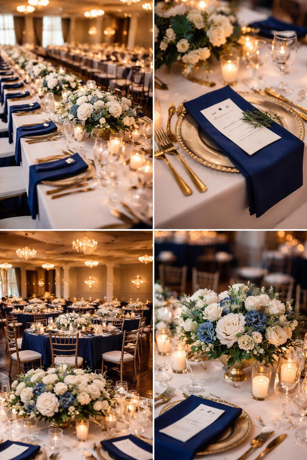 Image Prompt: A professional 4-grid wedding decor collage showing navy blue wedding reception table decor, top-left image featuring long banquet tables with navy blue napkins, white floral centerpieces, gold cutlery, and candlelight, top-right image showing close-up navy napkin with gold charger plate and menu card, bottom-left image showing a wide reception room with navy table details and warm lighting, bottom-right image showing low blue and white floral centerpiece with candles, classic wedding reception styling, no faces, no watermarks on images.