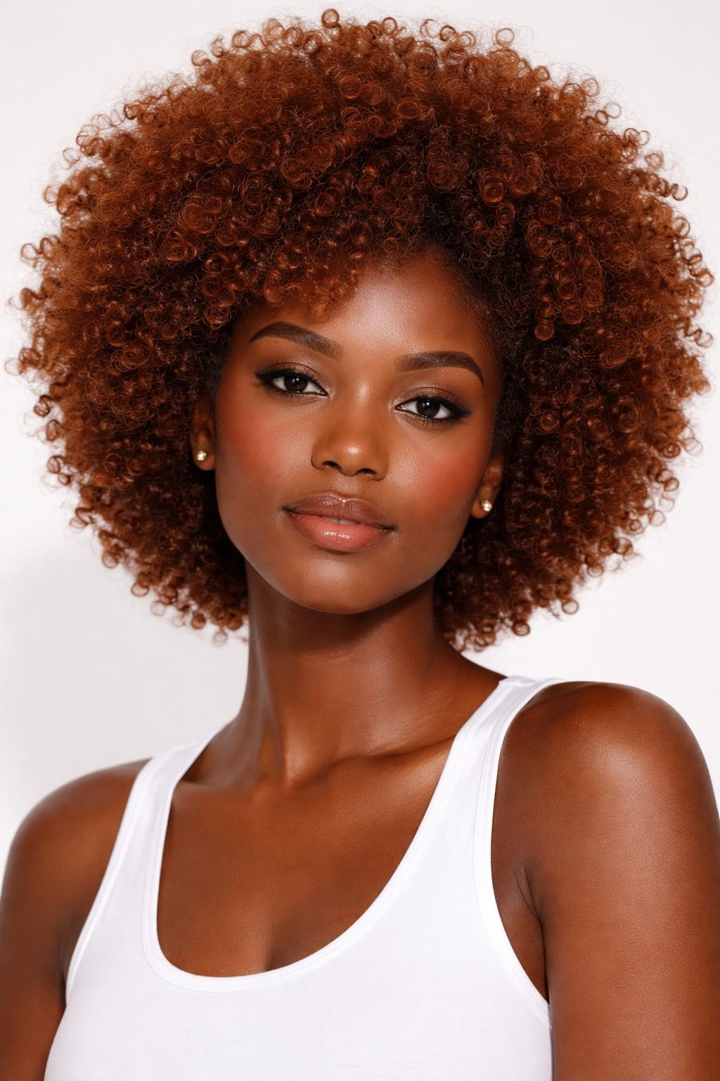 Image Prompt: A confident Black woman with a full rounded afro dyed cinnamon ginger, rich textured coils with soft volume, warm red-brown copper tone, glowing dark brown skin, minimal makeup, simple gold studs, white tank top, clean studio backdrop, bright soft lighting, front-facing beauty editorial portrait, realistic DSLR image, sharp hair texture, no text, (no watermarks on images)