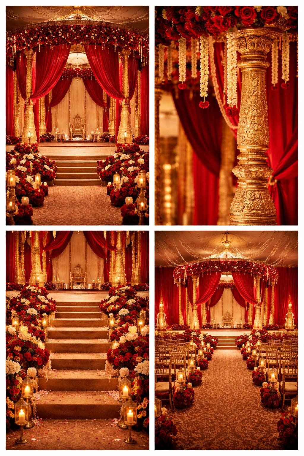 Image Prompt: A professional 4-grid wedding decor collage showing a royal Indian wedding mandap in red and gold, top-left image featuring a lavish mandap with gold pillars, red floral draping, and a raised stage, top-right image showing close-up carved gold pillar details with hanging flowers, bottom-left image showing the mandap steps lined with candles and florals, bottom-right image showing the seating area facing the mandap with coordinated decor, luxury Indian wedding decor, warm lighting, no people, no faces, no watermarks on images.