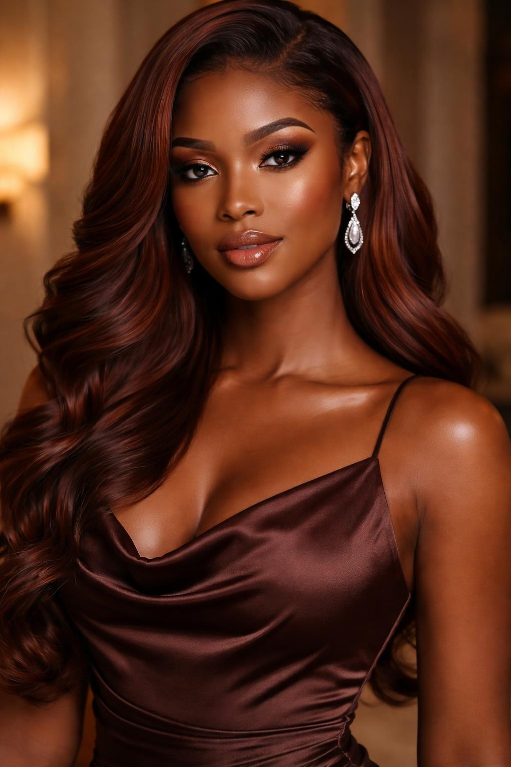 Image Prompt: A glamorous Black woman with long cinnamon auburn waves, rich red-brown hair color with soft copper warmth, deep side part, glossy loose curls, medium-deep skin tone, soft glam makeup, satin brown dress, elegant indoor background, warm diffused lighting, realistic DSLR beauty editorial photo, detailed shine and color depth, no text, (no watermarks on images)