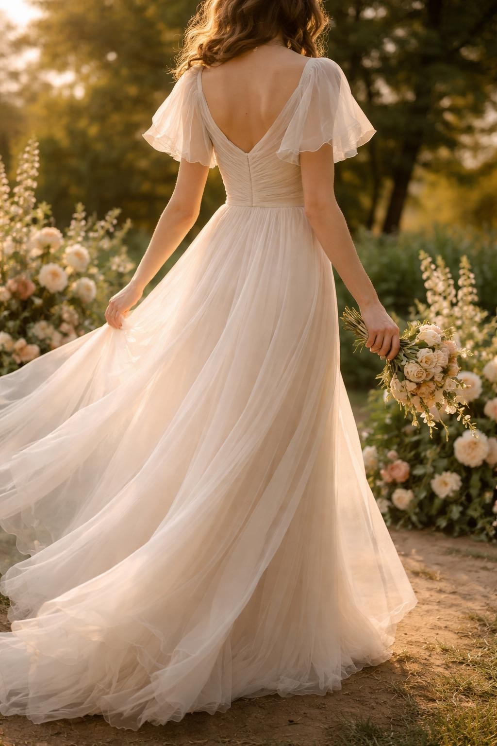 Image Prompt: A professional bridal editorial photo of a chiffon wedding dress with soft flutter sleeves in a romantic outdoor wedding setting. Show the bride from the shoulders down or from behind with the face hidden. The gown has a light chiffon bodice, delicate flutter sleeves, a soft waistline, and a flowing skirt that moves gently. Use golden natural light, garden flowers, realistic chiffon movement, graceful bridal styling, premium magazine-quality photography, no visible face, no text, no watermark. (no watermarks on images)