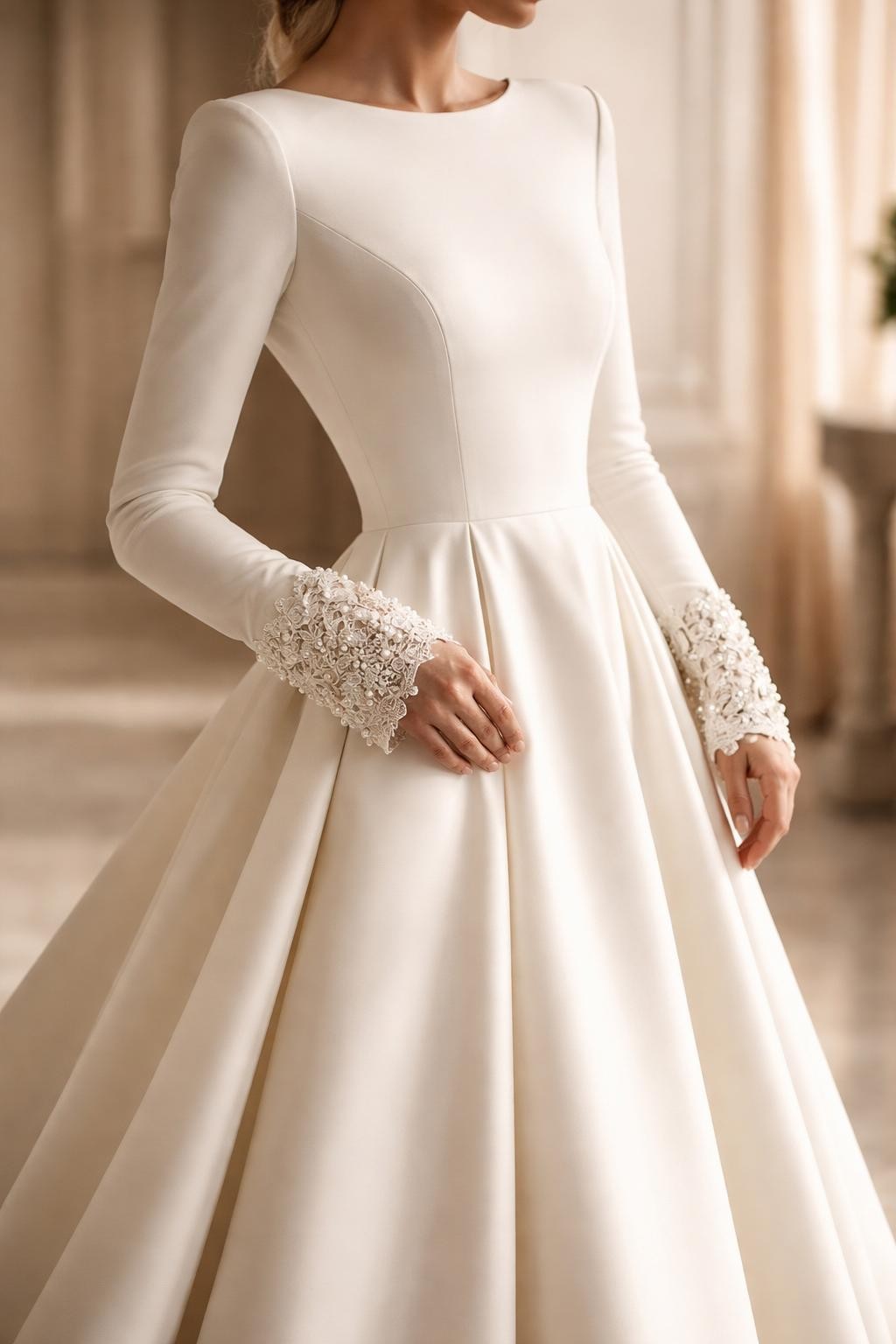 Image Prompt: A high-end bridal editorial photo of a long sleeve wedding dress with statement cuffs, photographed in a refined bridal studio or elegant indoor venue. Show the bride from the neck down only, or from a close cropped side angle focused on the sleeves and bodice so the face is hidden. The gown has clean long sleeves, detailed cuffs with lace, pearls, buttons, or embroidery, a fitted bodice, and a smooth full-length skirt. Use soft luxury lighting, realistic fabric and detail texture, polished magazine styling, no visible face, no text, no watermark. (no watermarks on images)