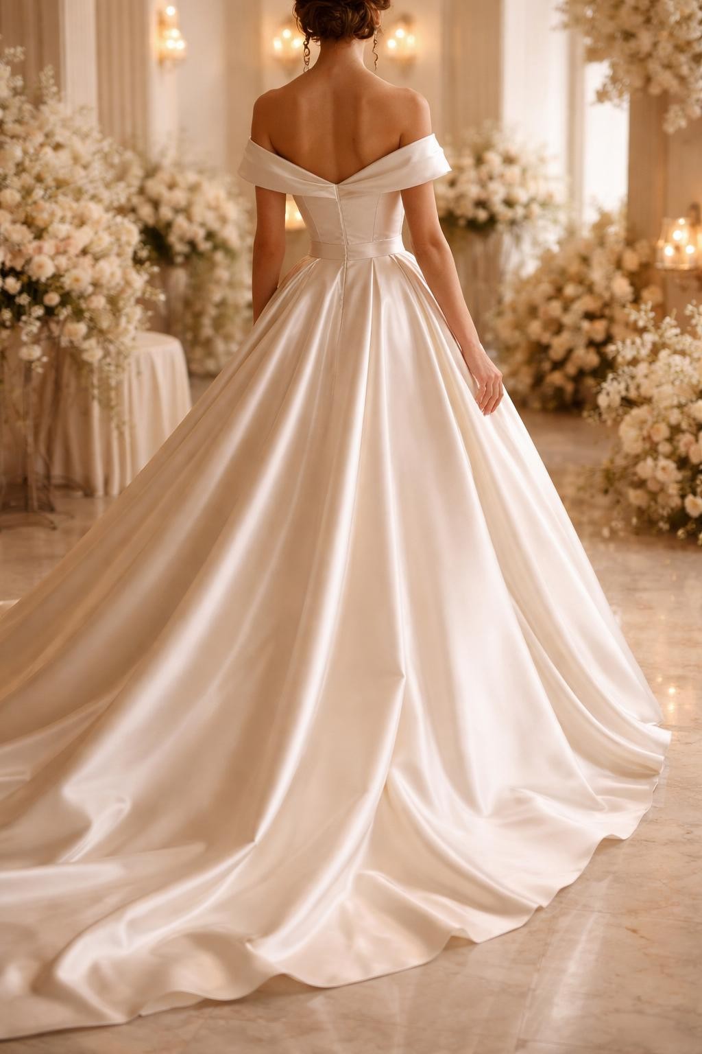 Image Prompt: A luxury bridal editorial photo of an off-shoulder satin wedding dress with a fitted bodice and full flowing skirt. Show the bride from the shoulders down or from behind with the face fully out of frame. Set the scene in an elegant indoor wedding venue with soft cream florals and warm natural light. Focus on the off-shoulder fold, satin shine, defined waist, graceful train, professional editorial styling, no visible face, no text, no watermark. (no watermarks on images)